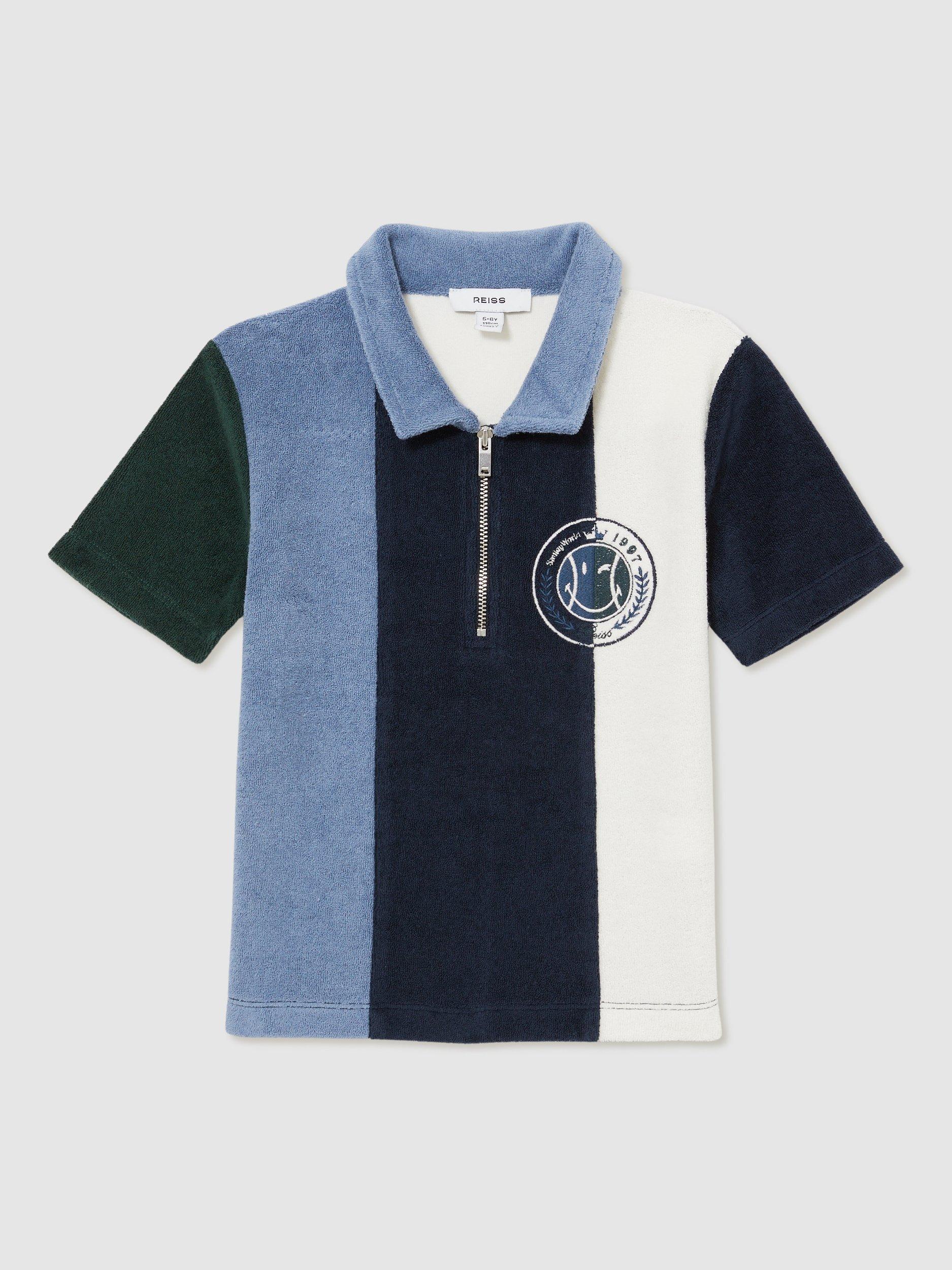 Product image 1 of 5, which shows Reiss Kids' Smiley Arthur Cotton Blend Zip Polo Shirt, Blue, 3-4 years
