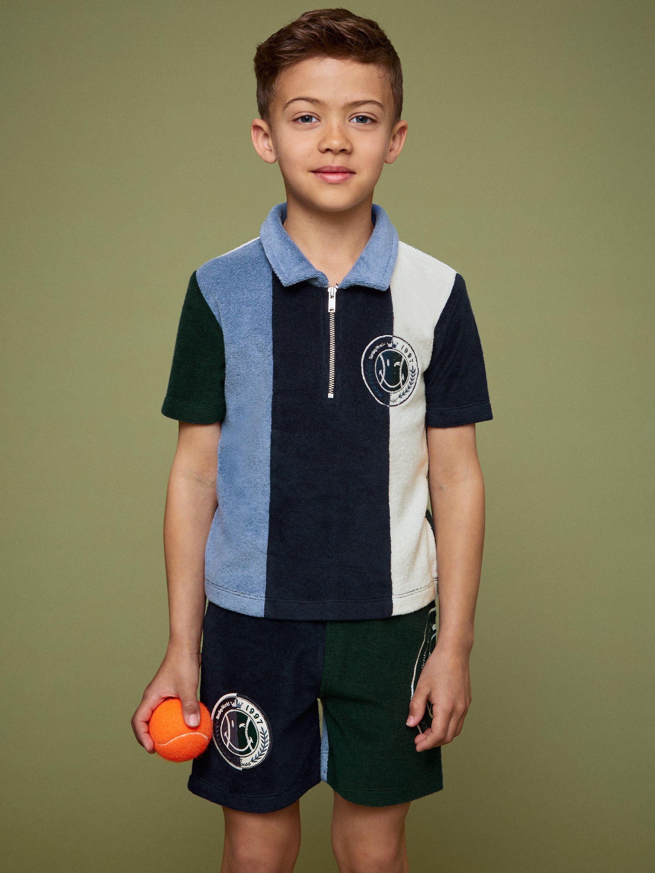 Product image 3 of 5, which shows Reiss Kids' Smiley Arthur Cotton Blend Zip Polo Shirt, Blue, 3-4 years