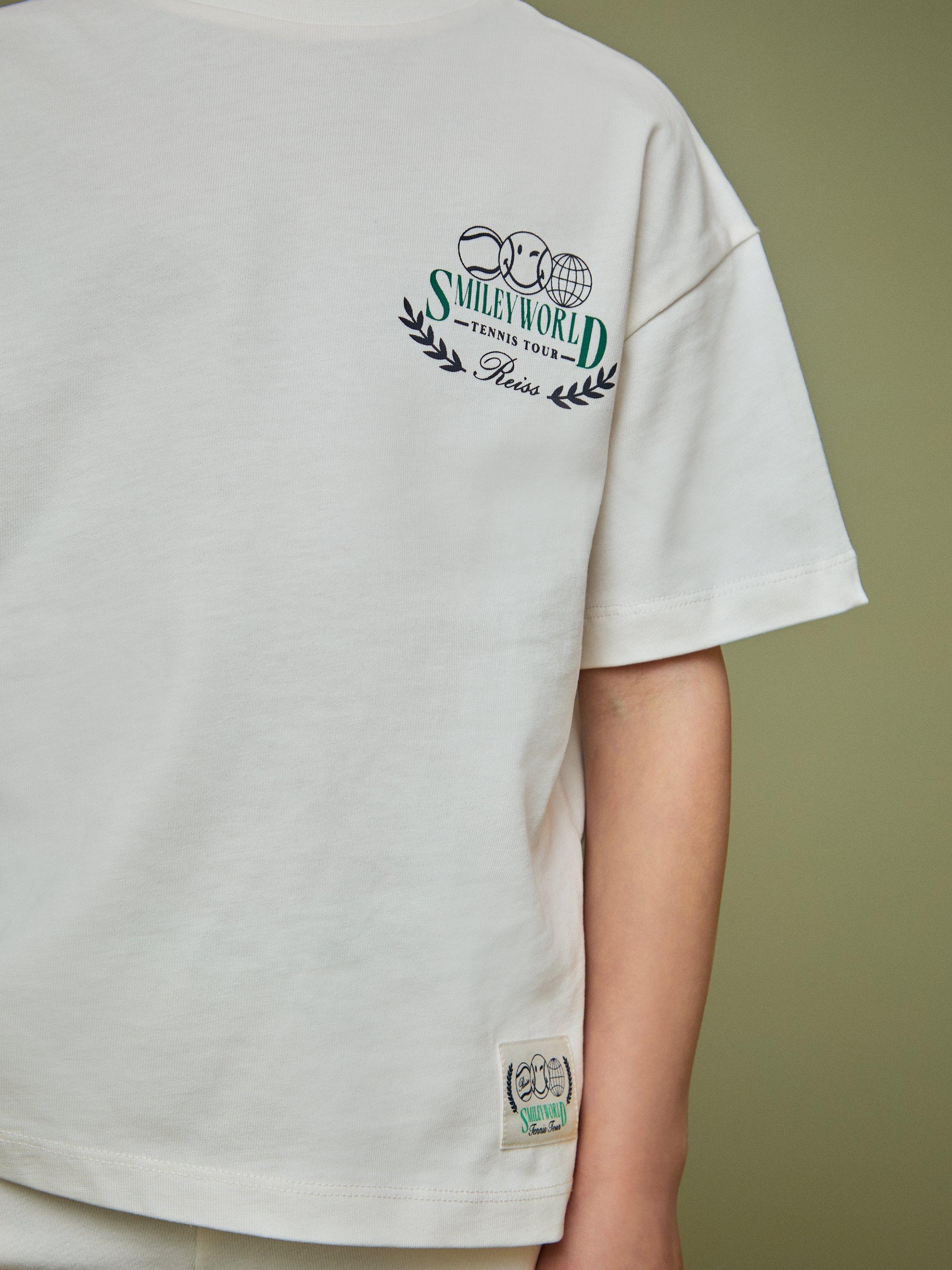 Product image 2 of 5, which shows Reiss Kids' Smiley Chip Cotton Short Sleeved T-Shirt, White, 3-4 years