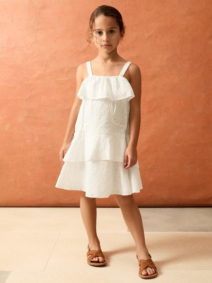 Reiss x Smiley Kids' Carmen Broderie Tiered Cotton Dress, Ivory, Ivory