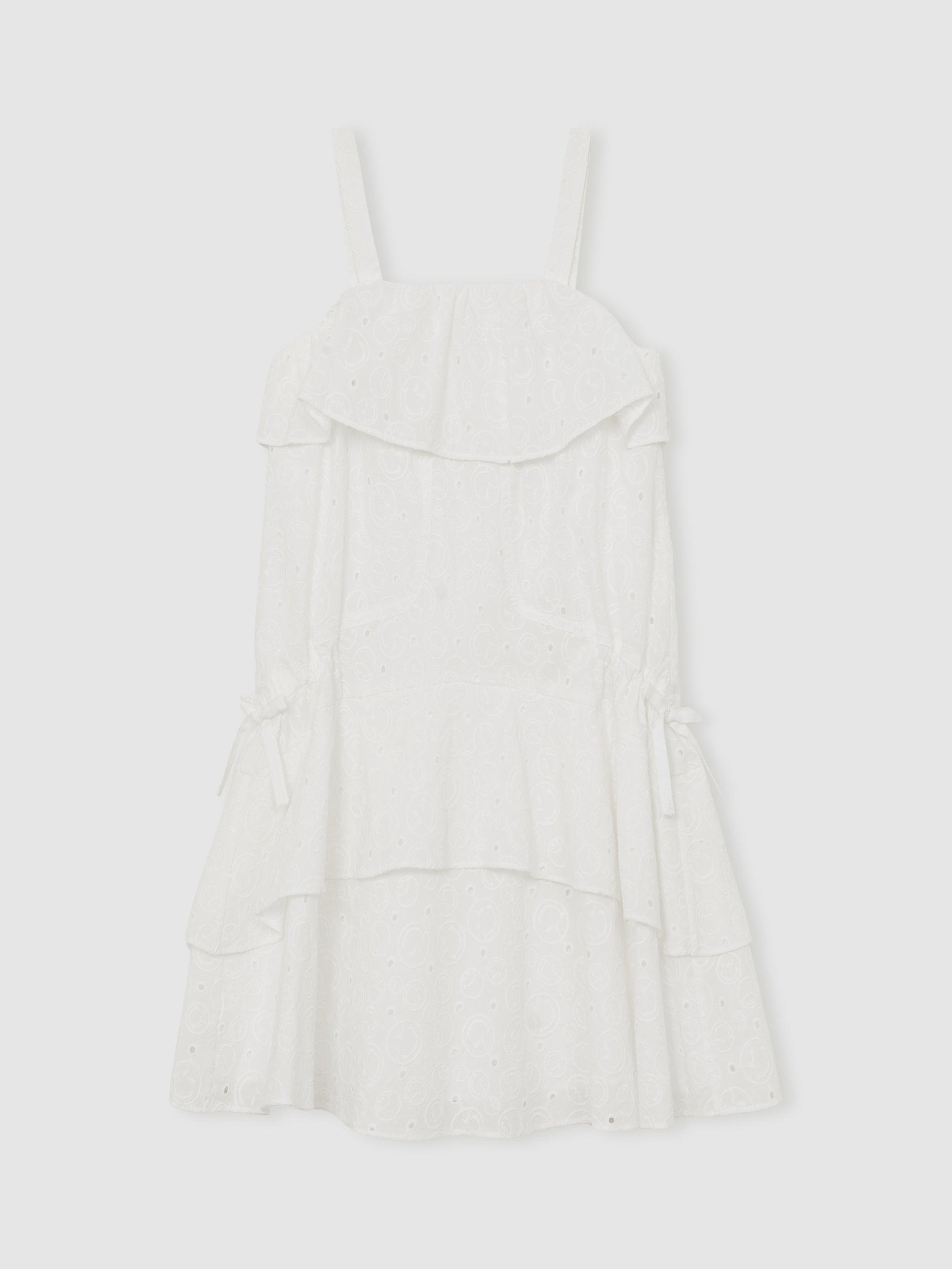 Product image 3 of 5, which shows Reiss x Smiley Kids' Carmen Broderie Tiered Cotton Dress, Ivory, 4-5 years