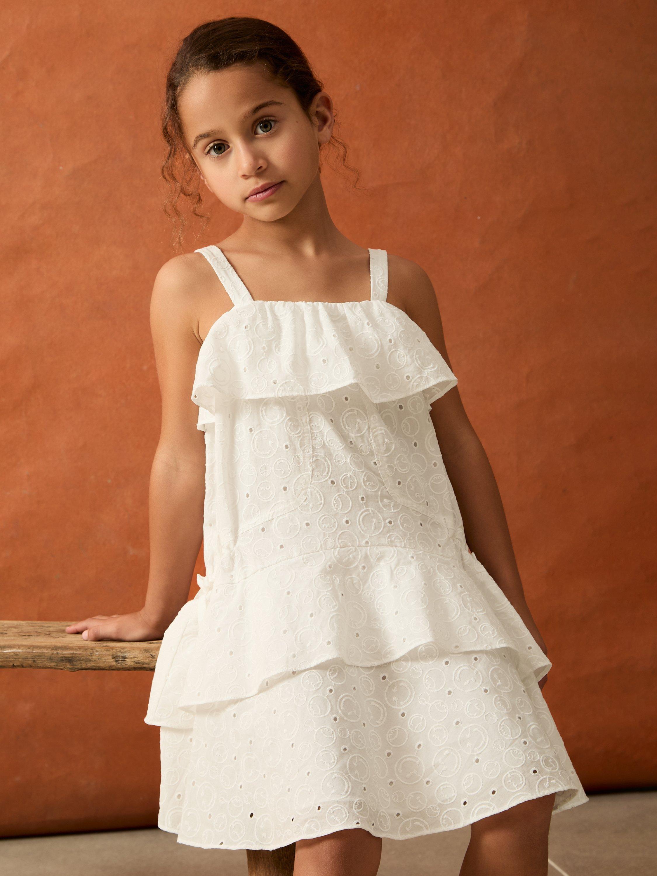 Product image 5 of 5, which shows Reiss x Smiley Kids' Carmen Broderie Tiered Cotton Dress, Ivory, 4-5 years