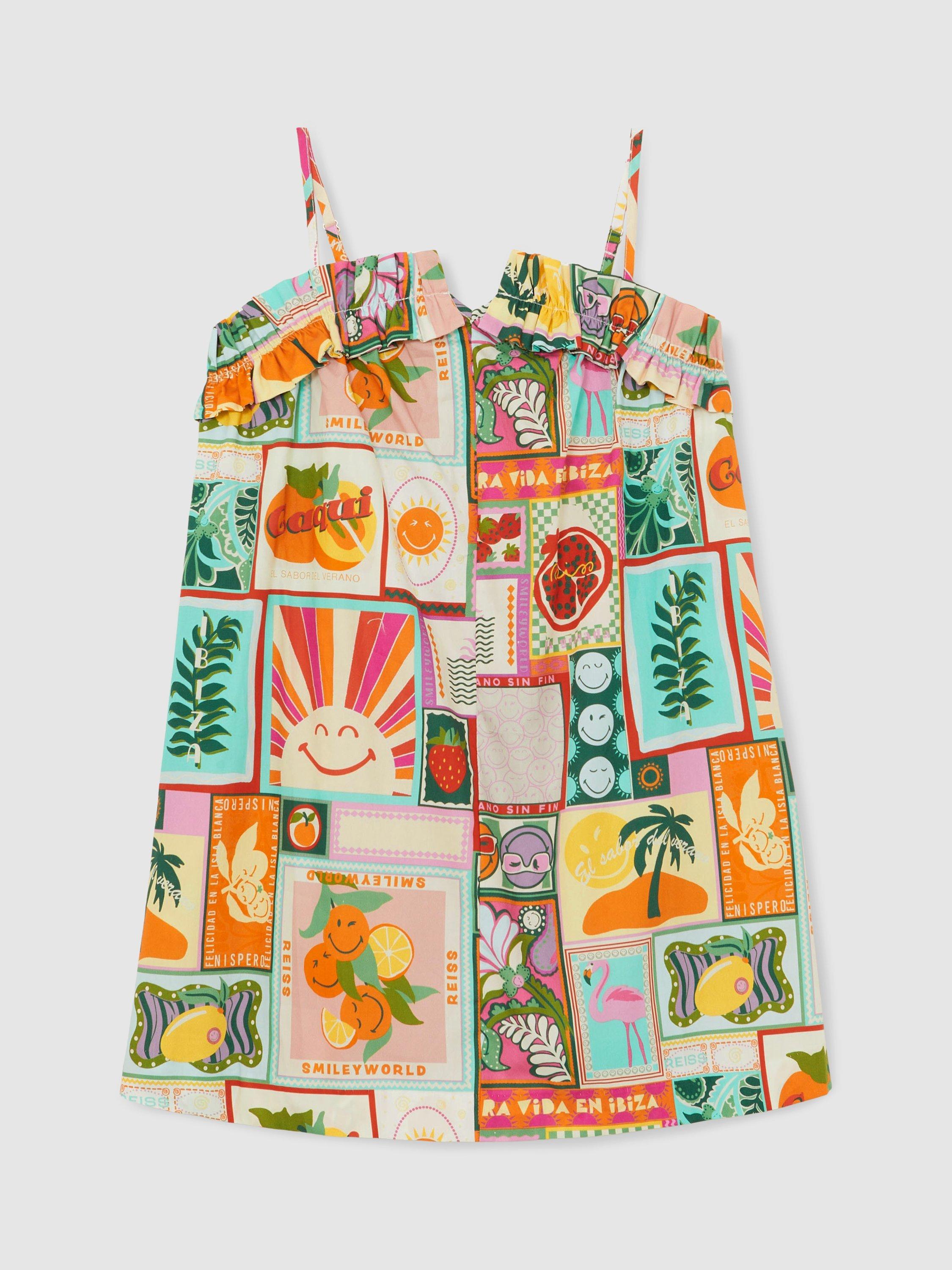 Product image 3 of 5, which shows Reiss x Smiley Kids' Lucia Patchwork Cotton Pinafore Dress, Multi, 4-5 years