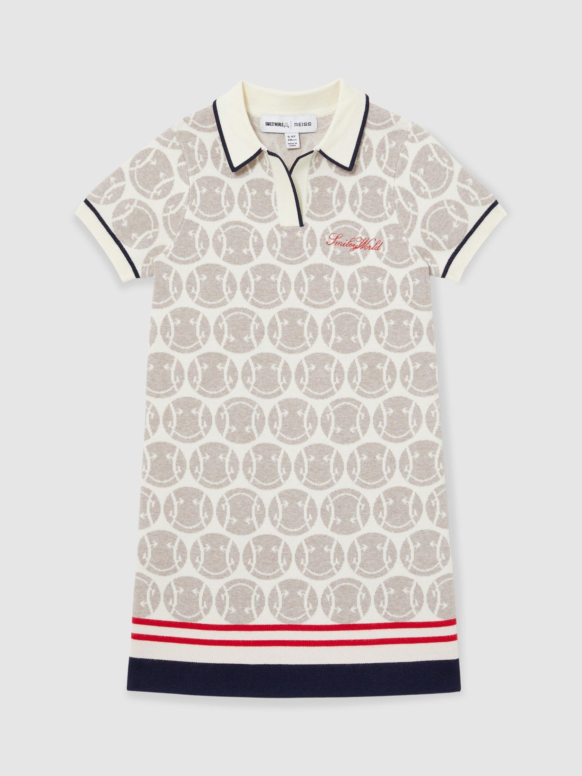 Product image 1 of 5, which shows Reiss Kids' Smiley Temi Print Polo Dress, Off White, 4-5 years