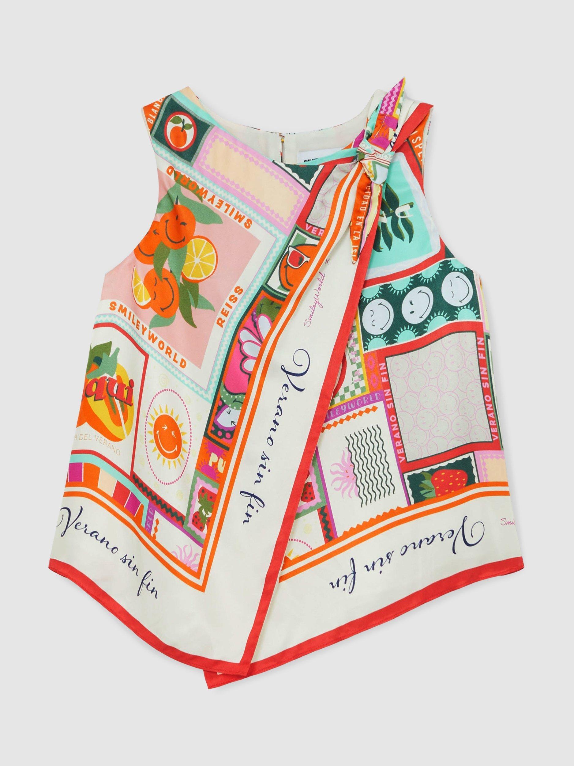 Product image 2 of 4, which shows Reiss X Smiley Tia Printed Sleeveless Wrap Top, Multi, 4-5 years