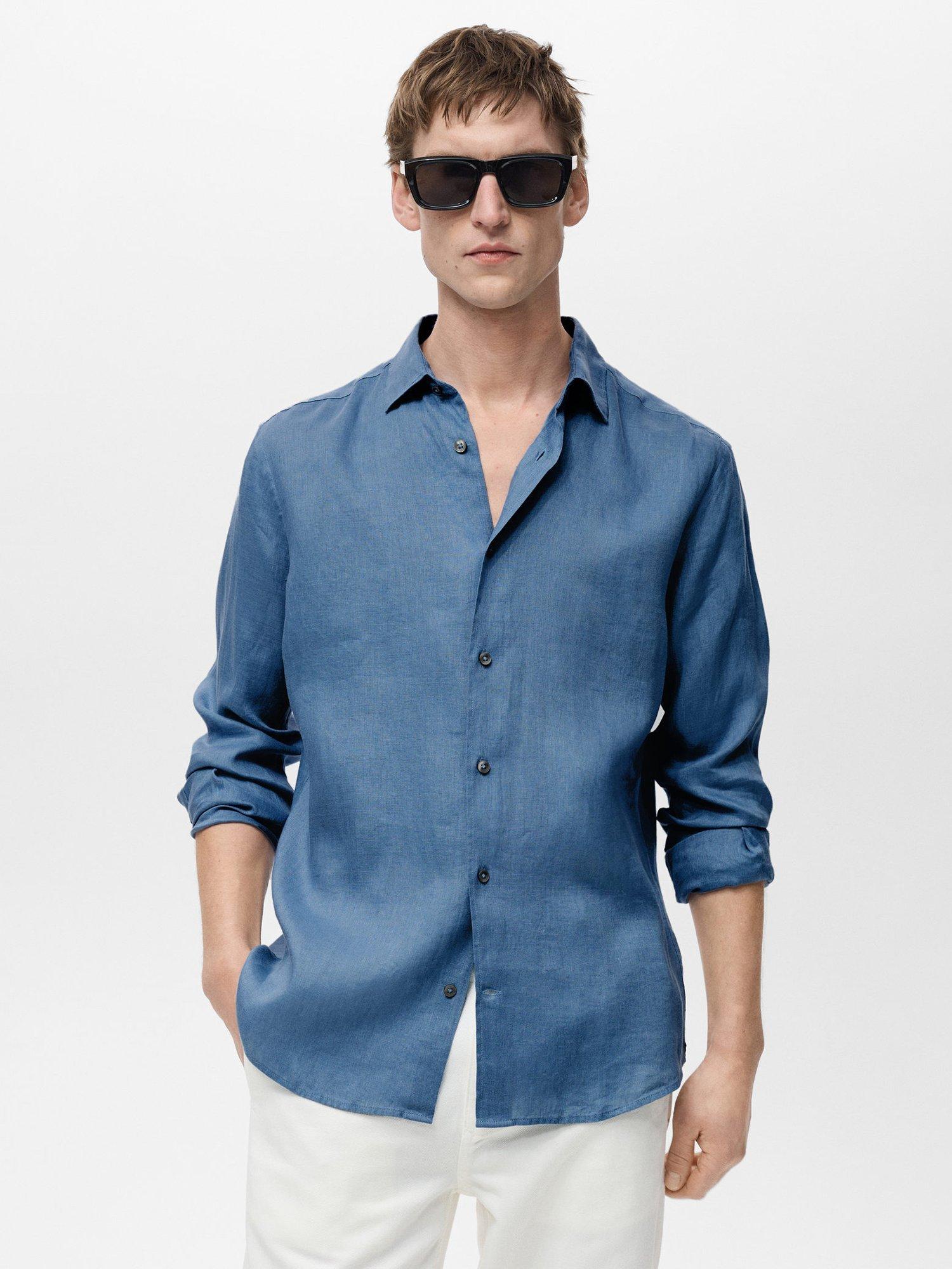 Product image 1 of 9, which shows Mango Parrot Linen Regular Fit Shirt, Pastel Blue, XXL