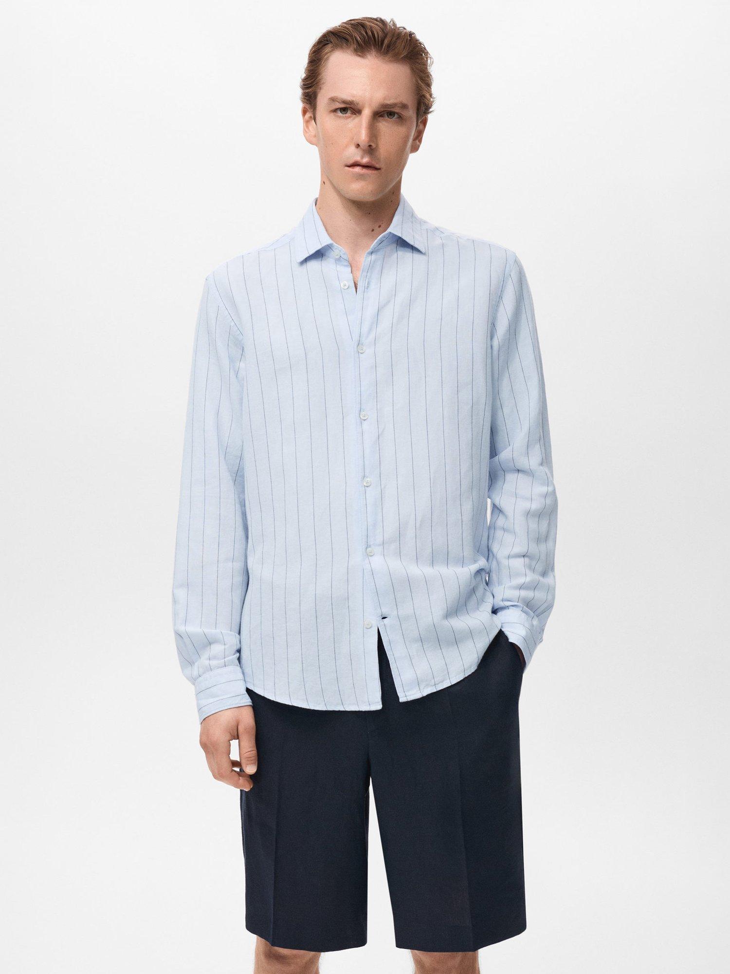 Product image 1 of 9, which shows Mango Rug Linen Blend Stripe Long Sleeve Collar Shirt, Blue/Multi, XS