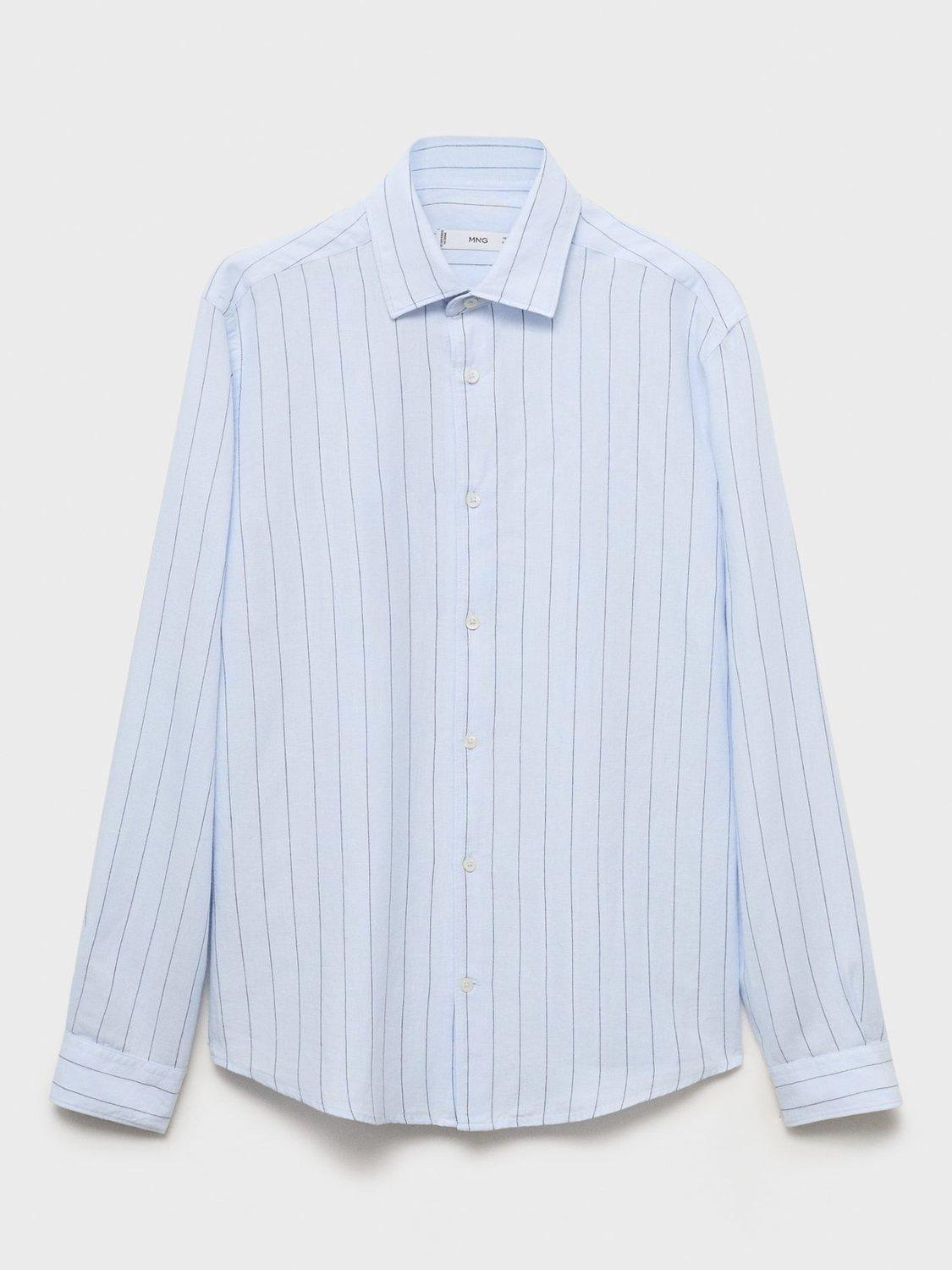 Product image 3 of 9, which shows Mango Rug Linen Blend Stripe Long Sleeve Collar Shirt, Blue/Multi, XS
