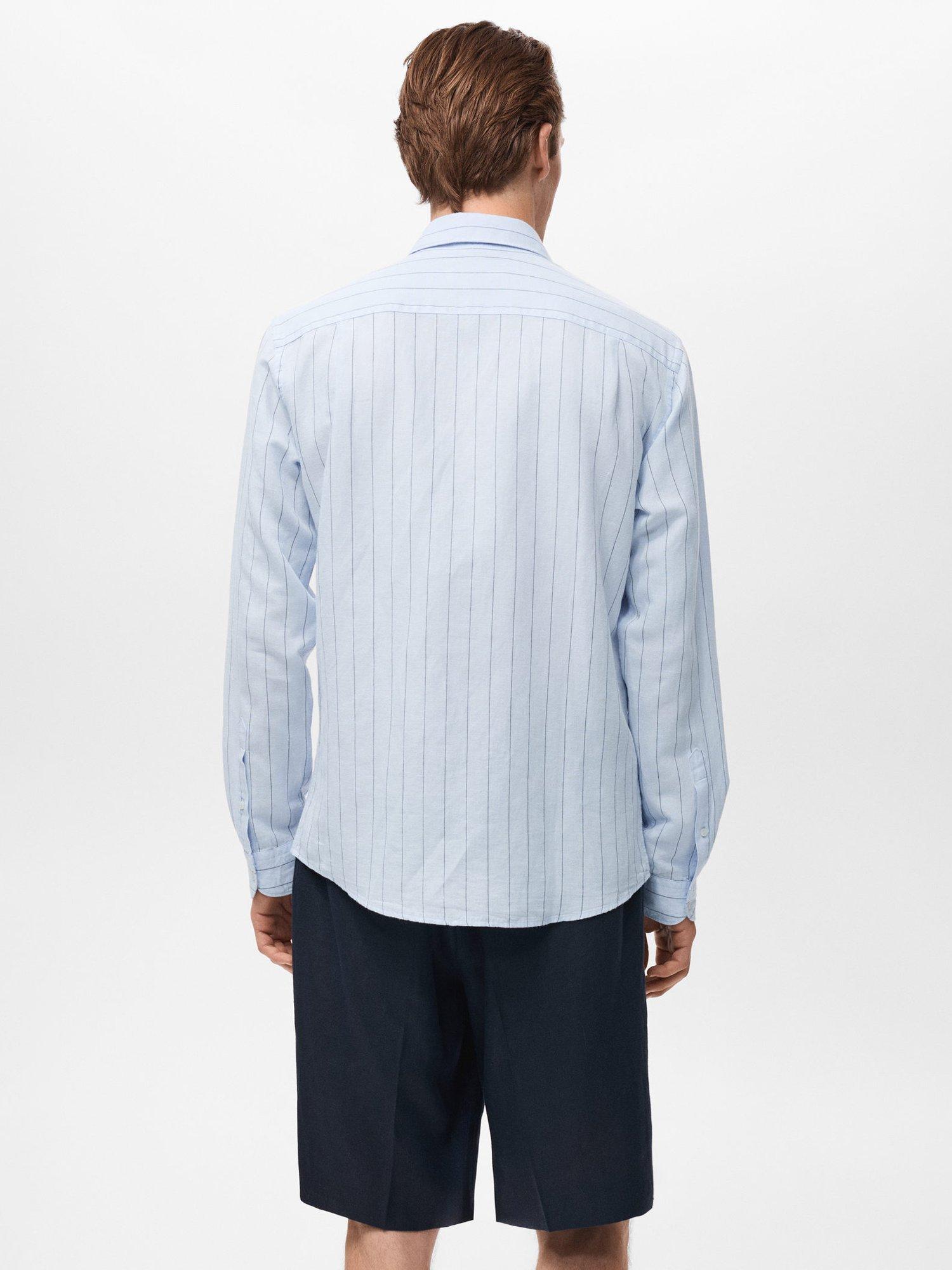 Product image 4 of 9, which shows Mango Rug Linen Blend Stripe Long Sleeve Collar Shirt, Blue/Multi, XS