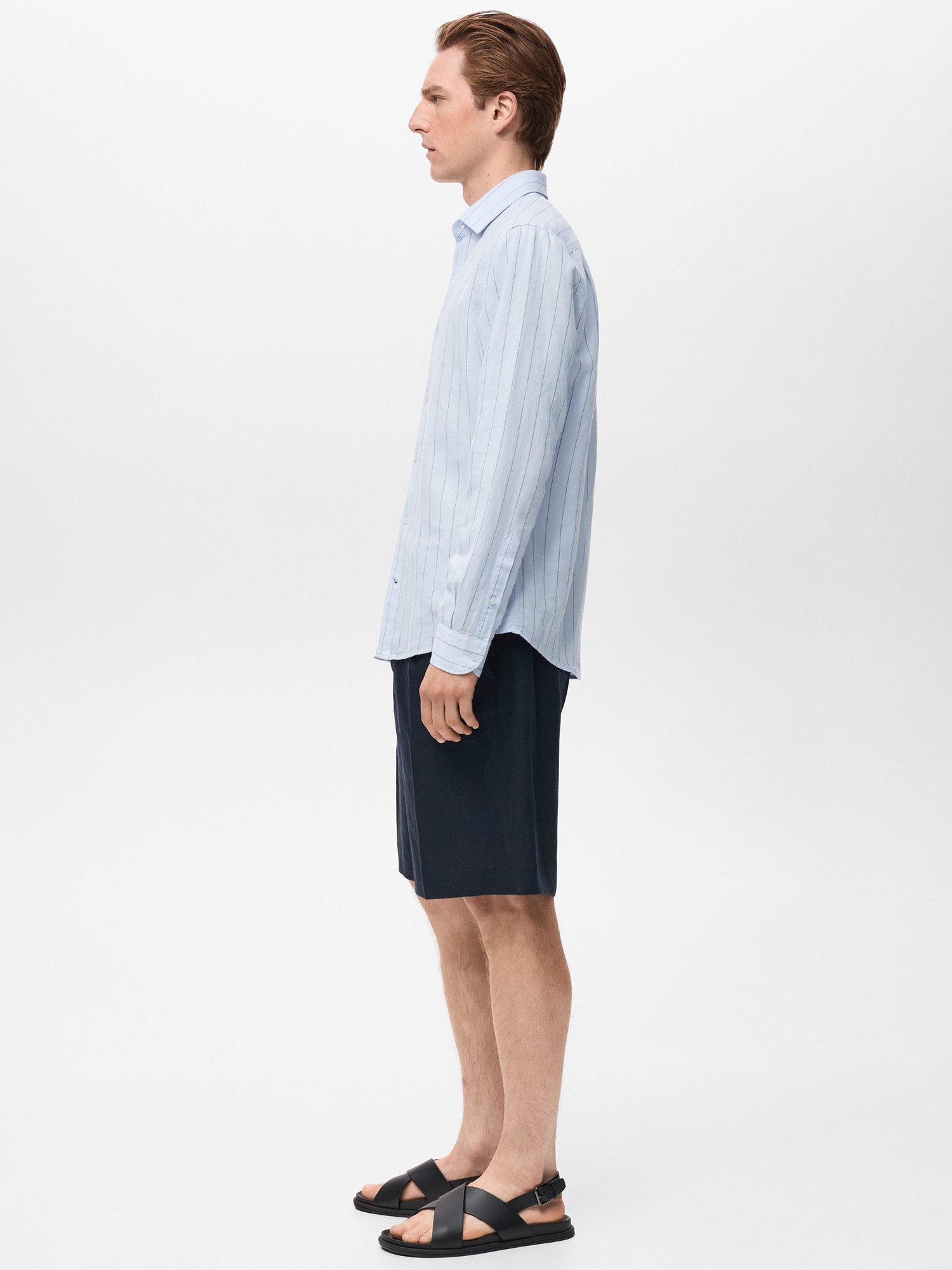 Product image 7 of 9, which shows Mango Rug Linen Blend Stripe Long Sleeve Collar Shirt, Blue/Multi, XS