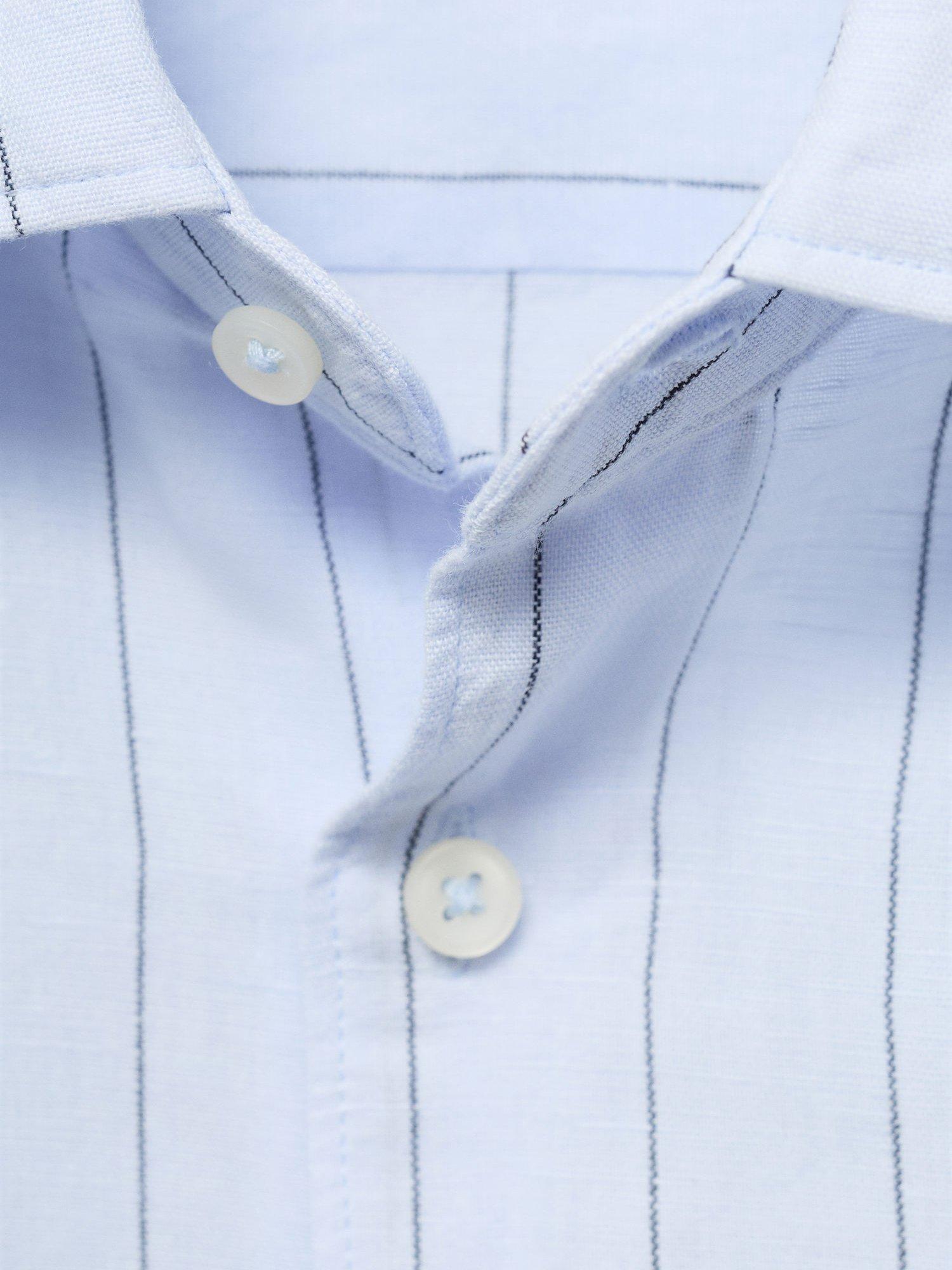 Product image 8 of 9, which shows Mango Rug Linen Blend Stripe Long Sleeve Collar Shirt, Blue/Multi, XS