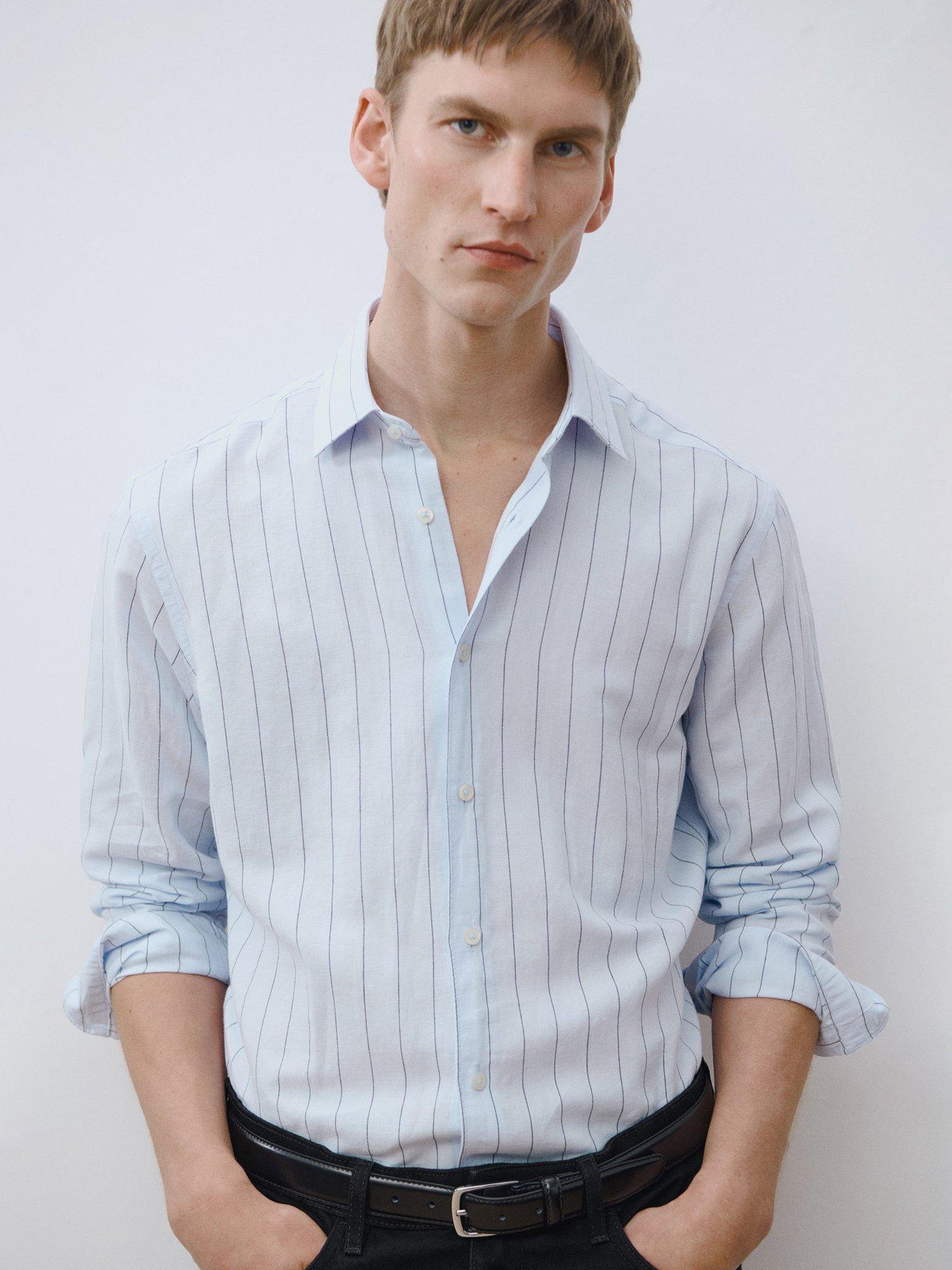 Product image 9 of 9, which shows Mango Rug Linen Blend Stripe Long Sleeve Collar Shirt, Blue/Multi, XS