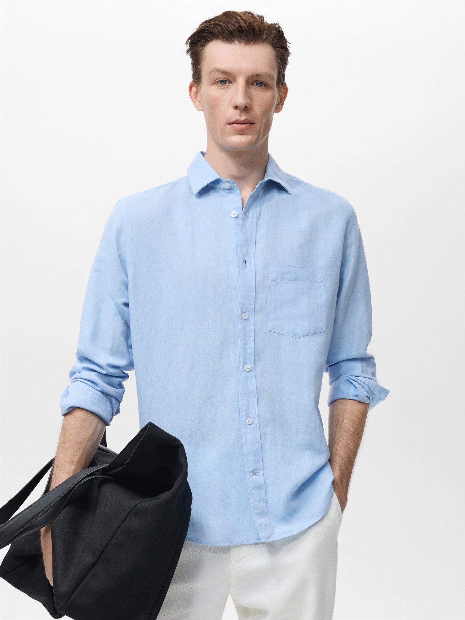 Mango Avispa Long Sleeve Linen Blend Shirt, Pastel Blue