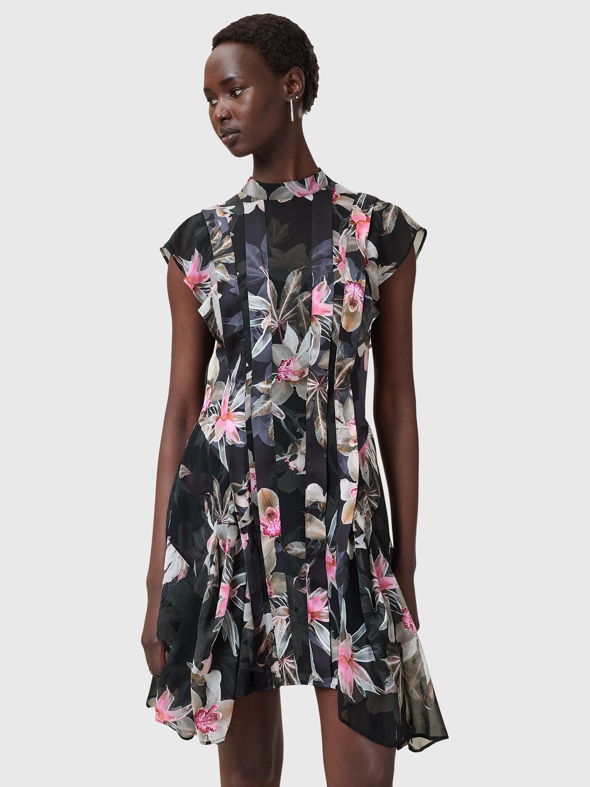 Product image 1 of 8, which shows AllSaints Fleur Ruffle Mini Dress, Black/Multi, 10