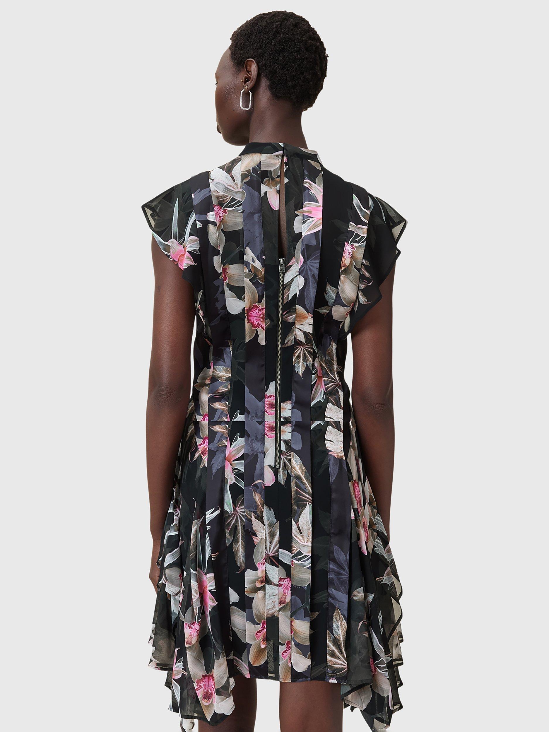 Product image 2 of 8, which shows AllSaints Fleur Ruffle Mini Dress, Black/Multi, 10