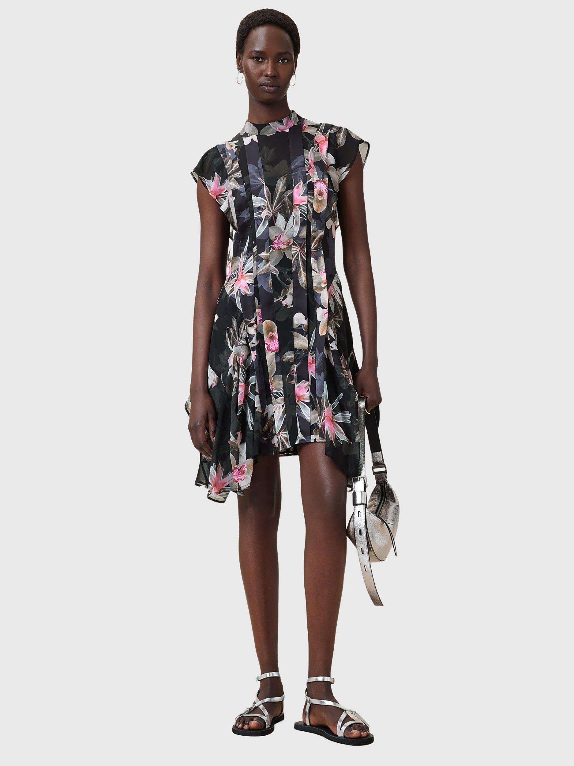 Product image 3 of 8, which shows AllSaints Fleur Ruffle Mini Dress, Black/Multi, 10