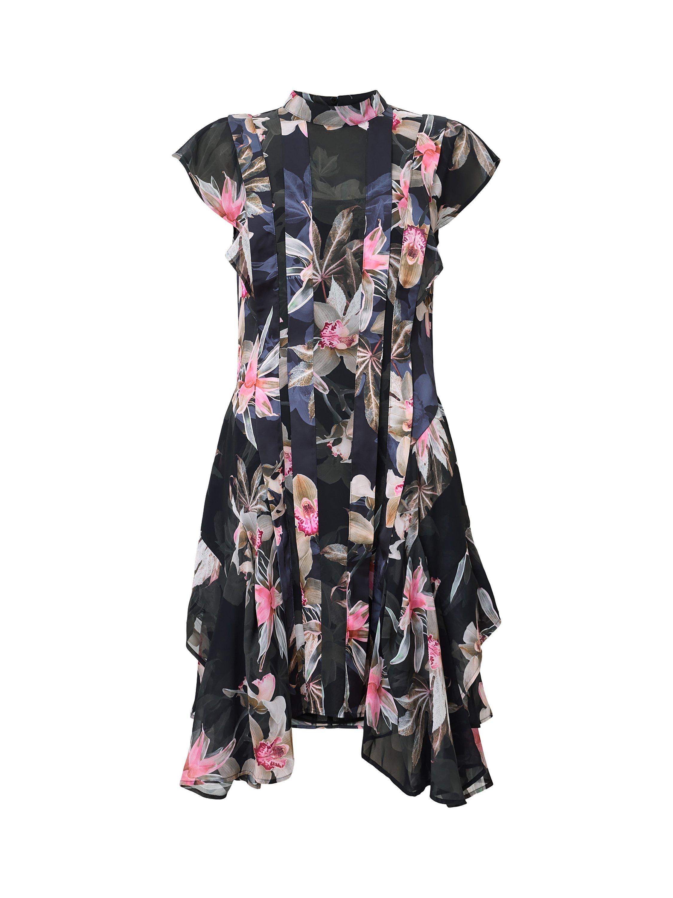 Product image 4 of 8, which shows AllSaints Fleur Ruffle Mini Dress, Black/Multi, 10
