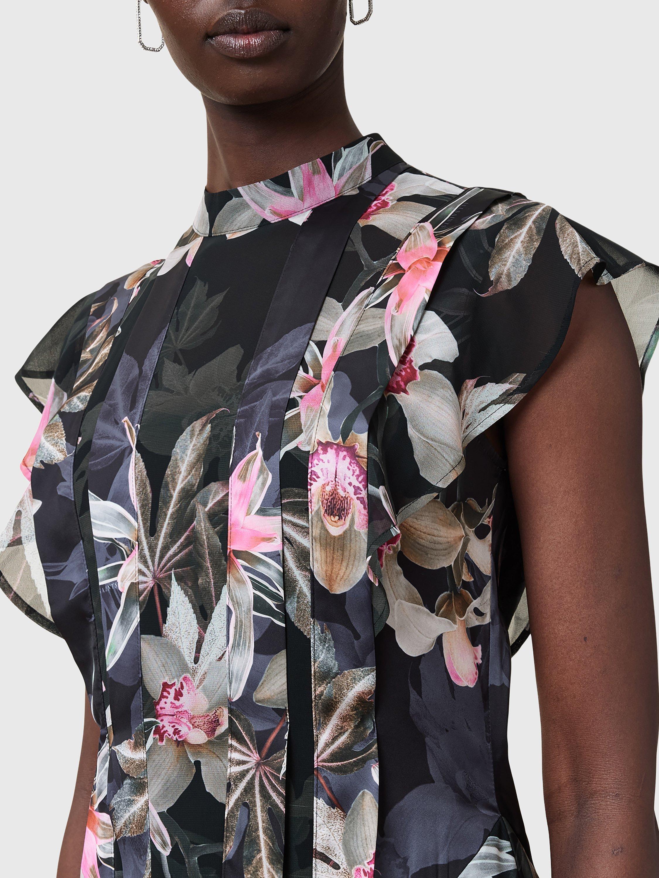 Product image 5 of 8, which shows AllSaints Fleur Ruffle Mini Dress, Black/Multi, 10