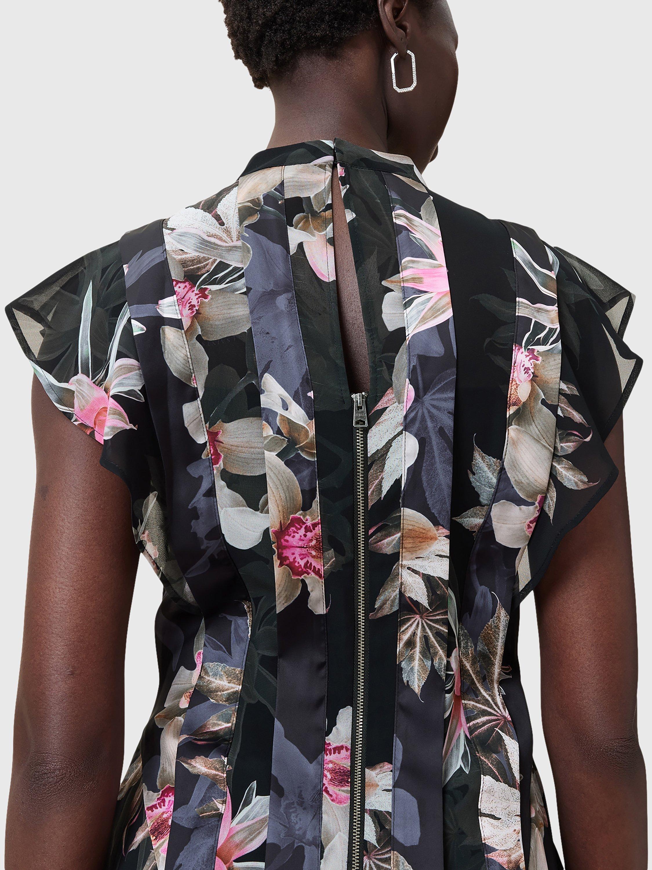 Product image 6 of 8, which shows AllSaints Fleur Ruffle Mini Dress, Black/Multi, 10