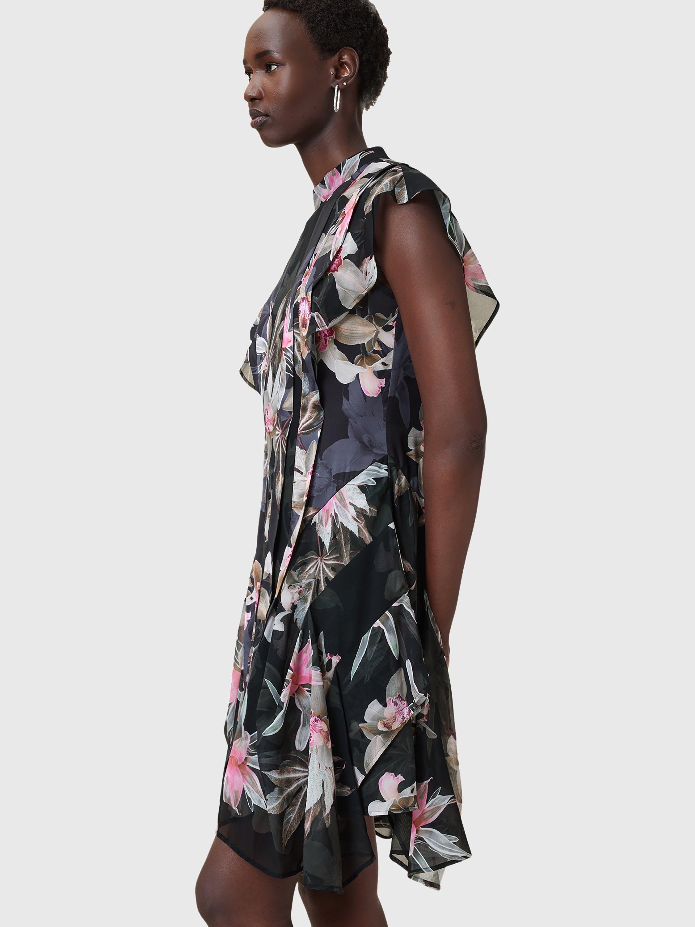 Product image 7 of 8, which shows AllSaints Fleur Ruffle Mini Dress, Black/Multi, 10