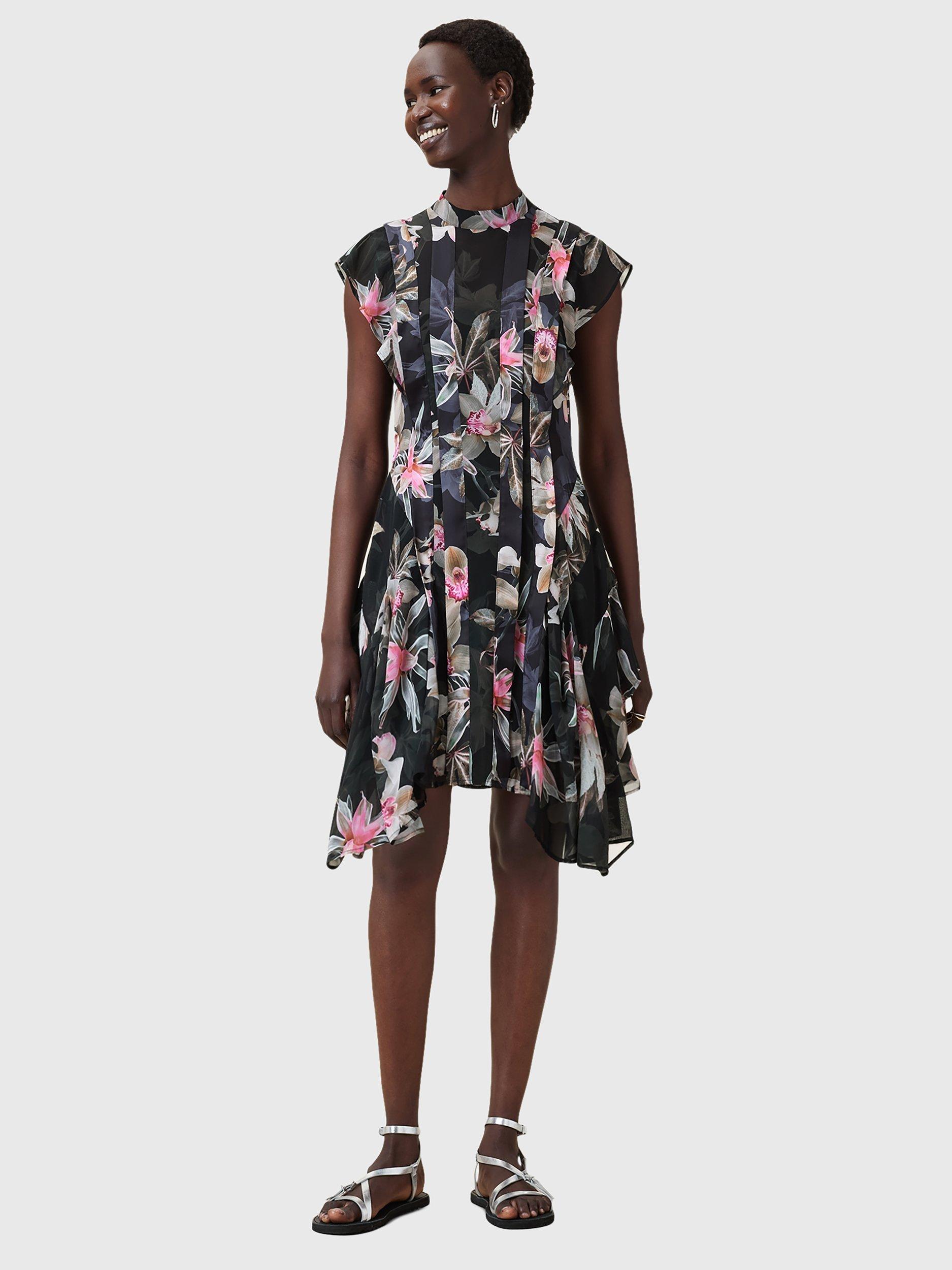 Product image 8 of 8, which shows AllSaints Fleur Ruffle Mini Dress, Black/Multi, 10