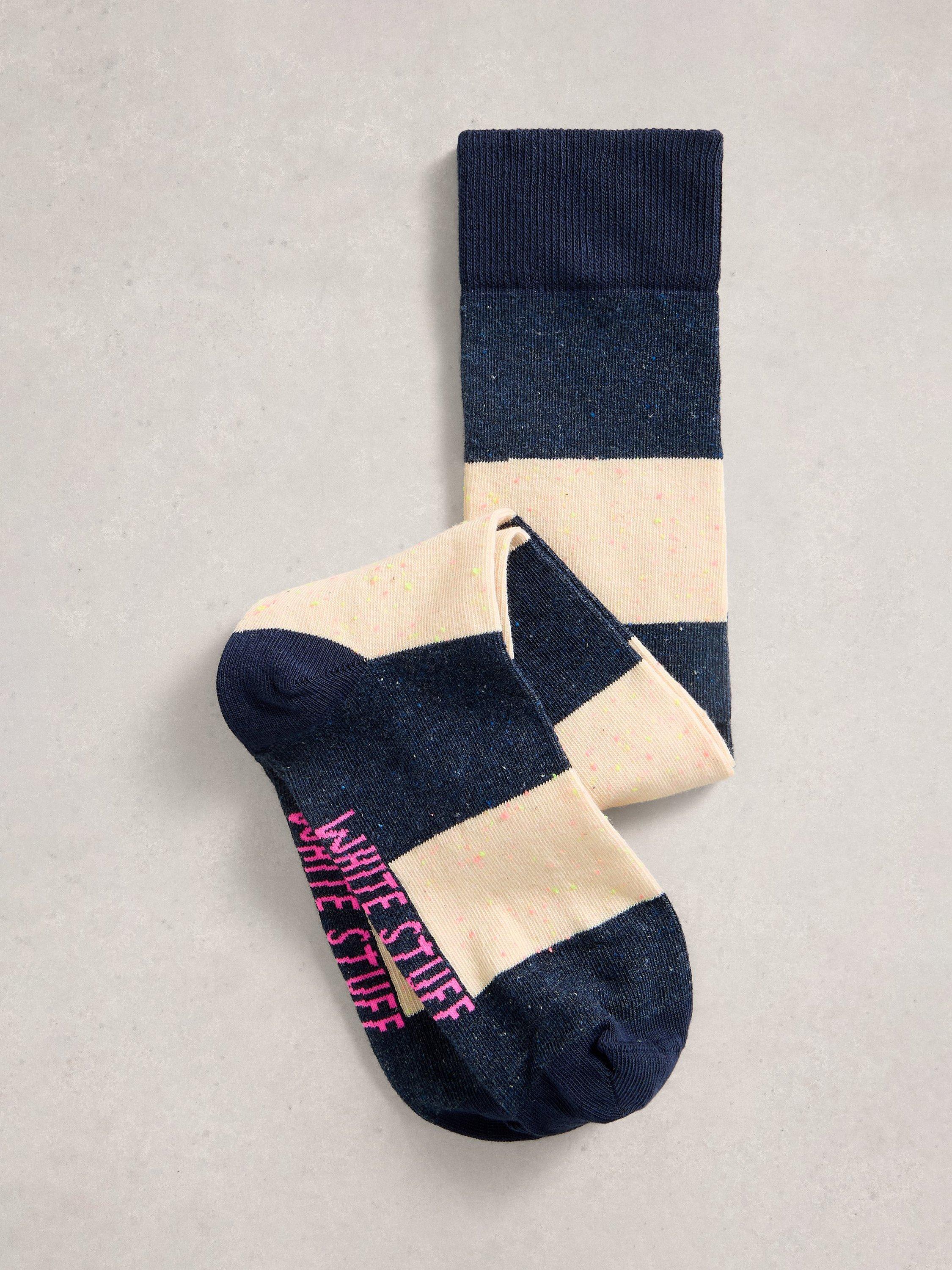 Product image 1 of 2, which shows White Stuff Stripe Knee High Socks, Navy/Multi, 3-5.5