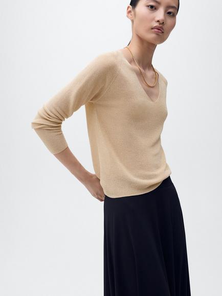 Mango Kling Fine Knit V-Neck Jumper, Gold - view 2, Gold
