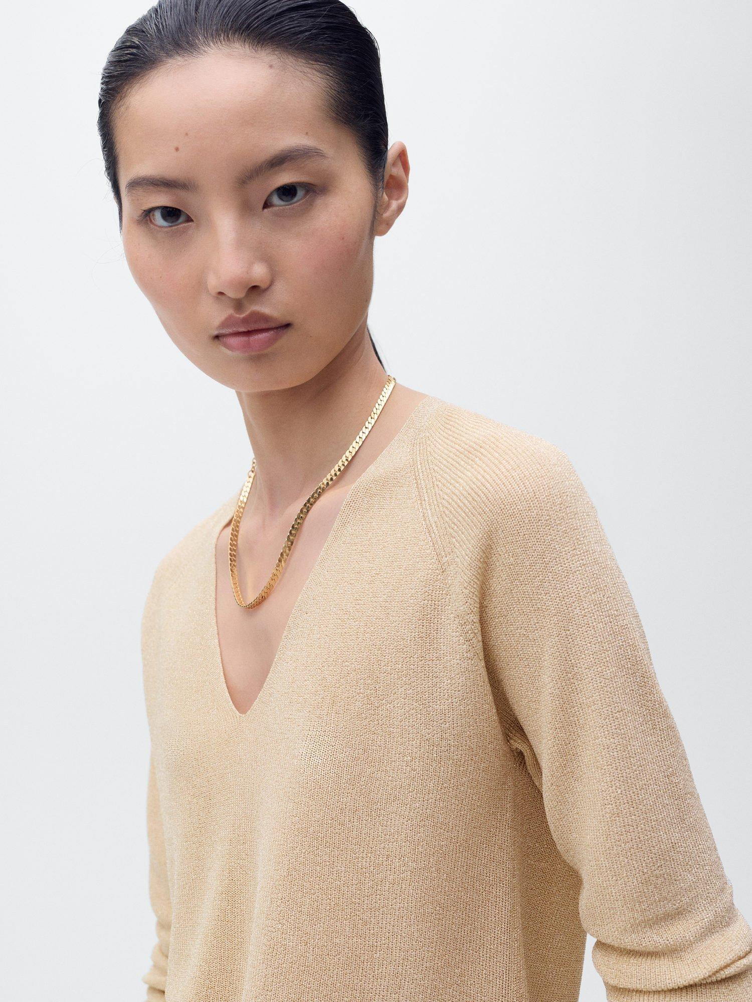 Product image 5 of 7, which shows Mango Kling Fine Knit V-Neck Jumper, Gold, XXXL