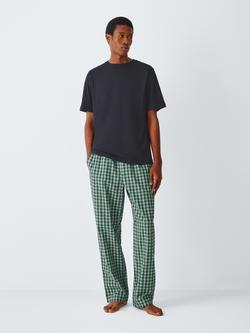 John Lewis Cotton Short Sleeve Check Trousers Pyjama Set, Green Mid, Green Mid