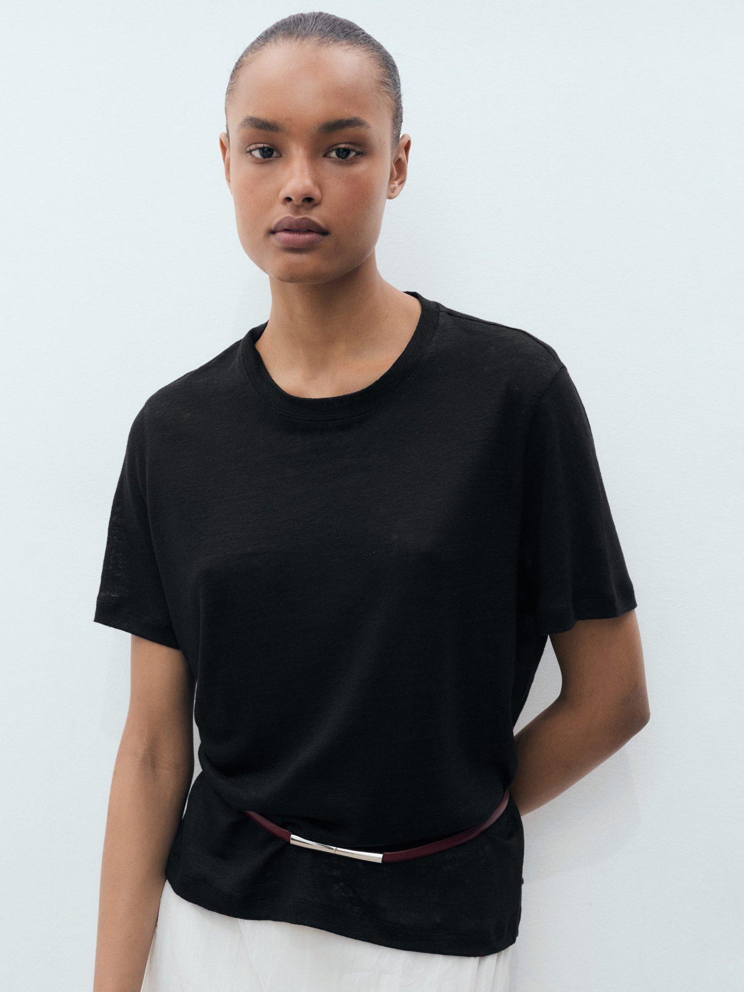 Mango Lenu Pure Linen T-Shirt, Black