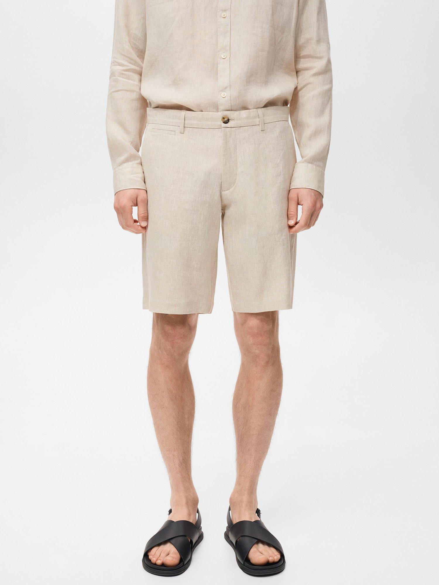 Product image 1 of 8, which shows Mango Carp Linen Shorts, Light Beige, 29