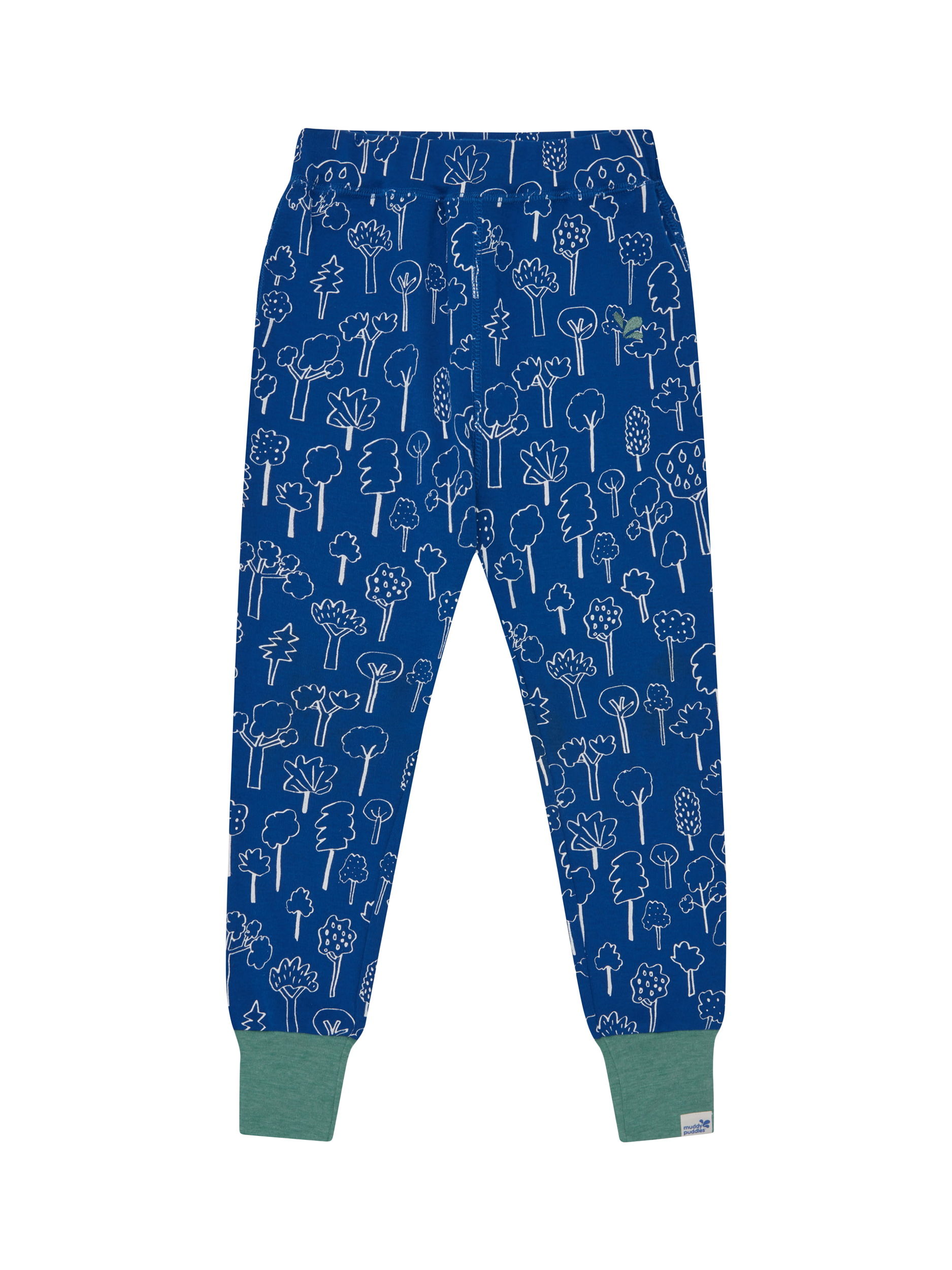 Product image 1 of 4, which shows Muddy Puddles Kids' Cotton Blend Base Layer Bottoms, Blue Forest, 6-12 months