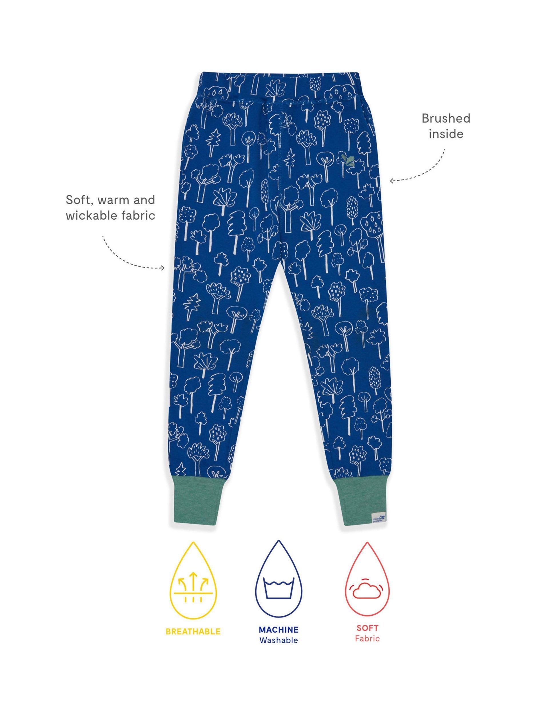 Product image 4 of 4, which shows Muddy Puddles Kids' Cotton Blend Base Layer Bottoms, Blue Forest, 6-12 months