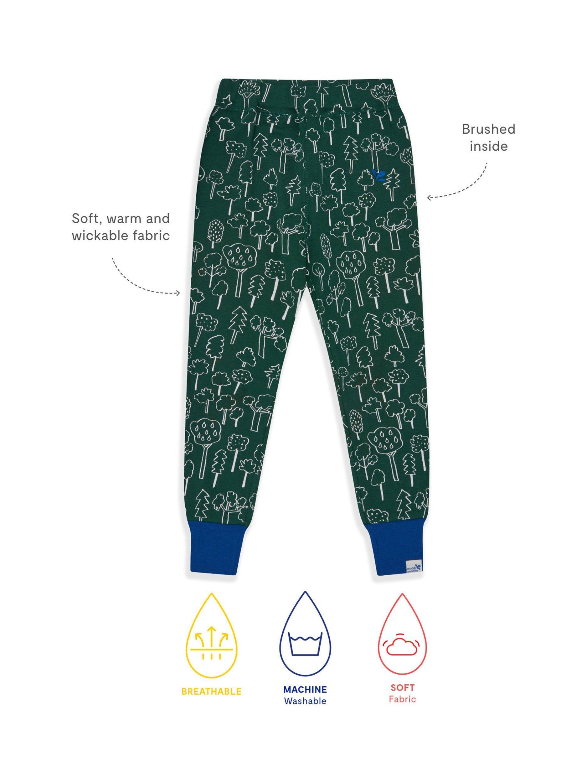 Product image 4 of 4, which shows Muddy Puddles Kids' Cotton Blend Base Layer Bottoms, Green Forest, 6-12 months