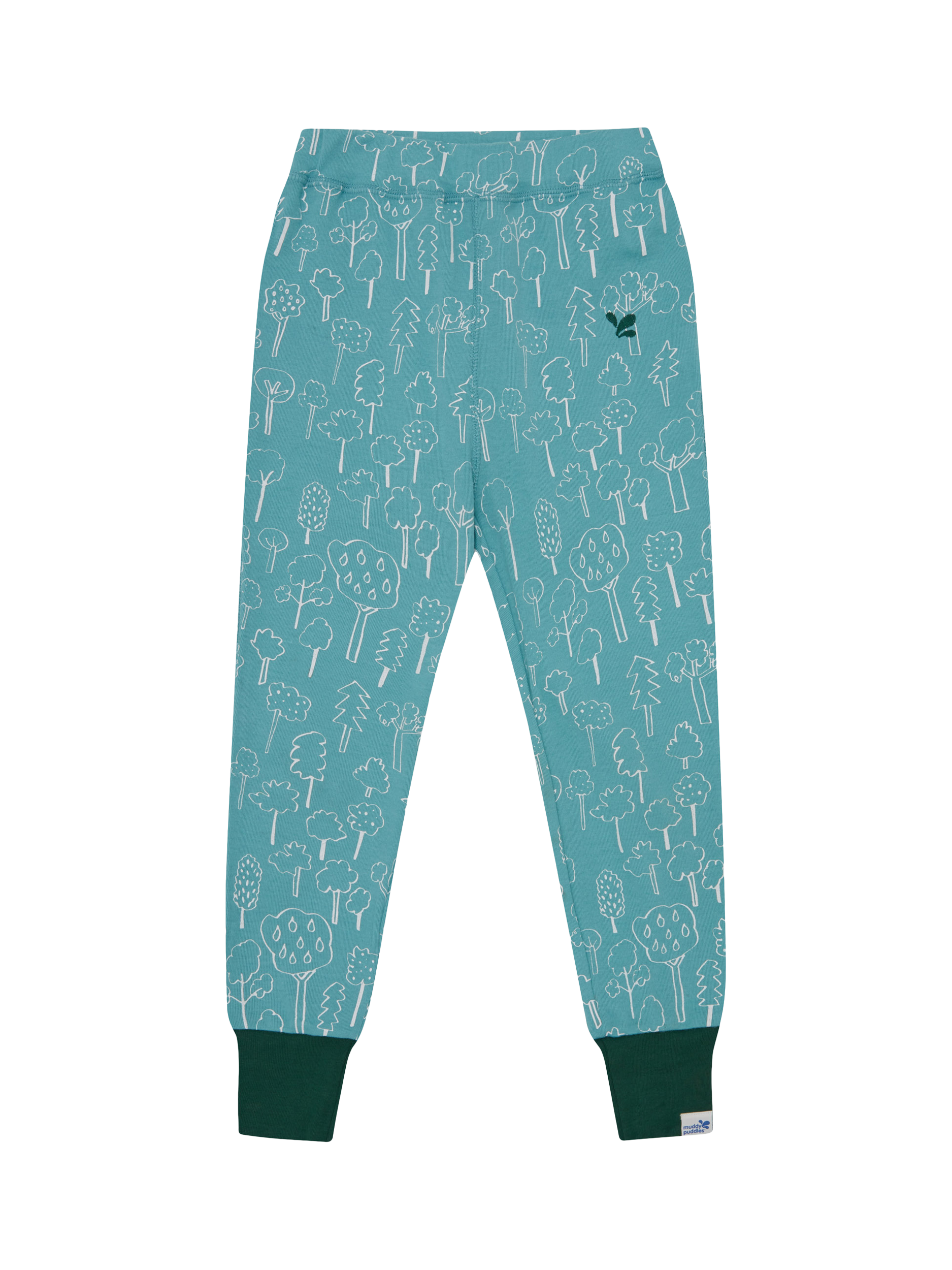 Product image 1 of 4, which shows Muddy Puddles Kids' Cotton Blend Base Layer Bottoms, Turquoise Forest, 6-12 months