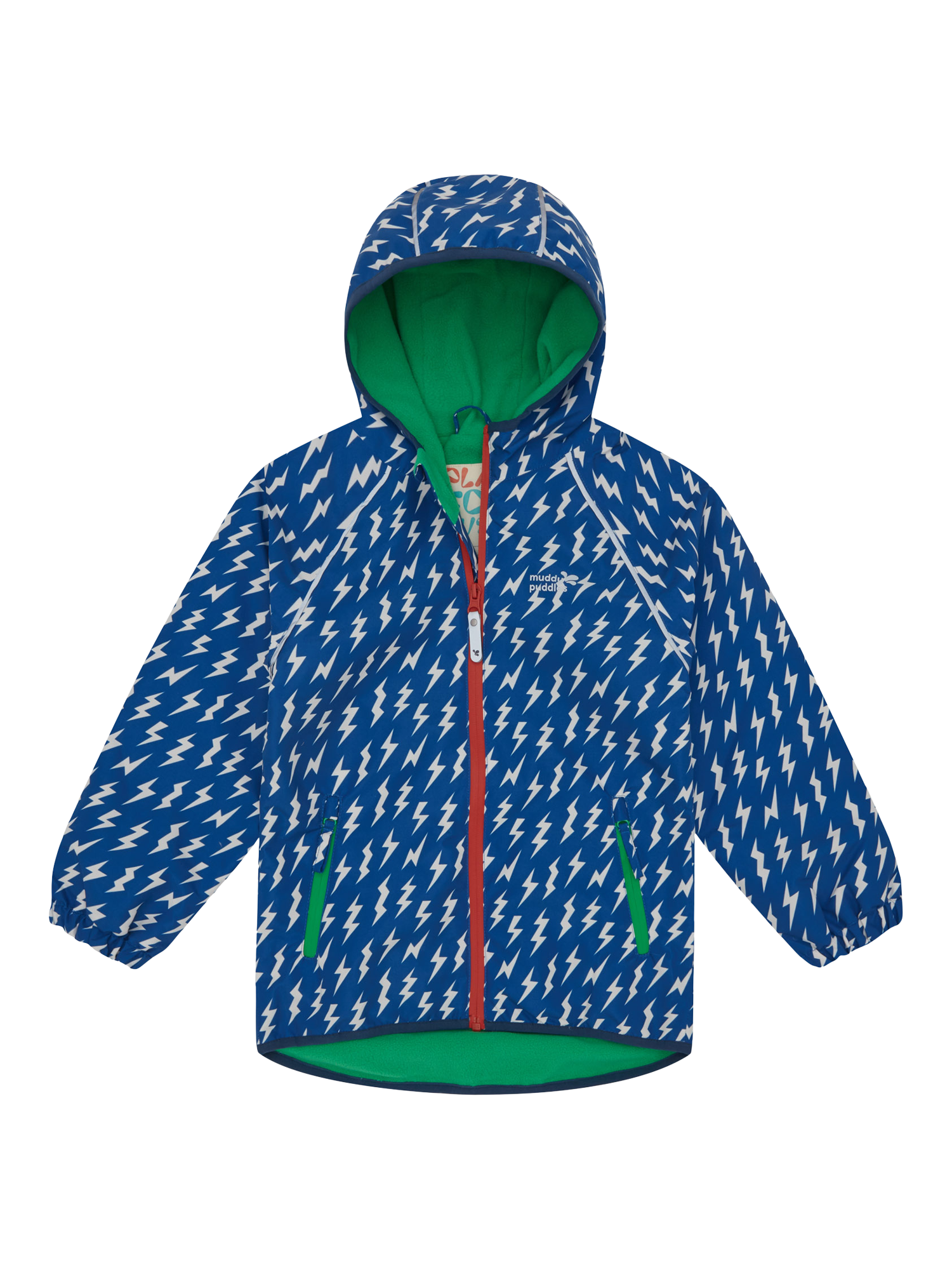 Product image 1 of 7, which shows Muddy Puddles Kids' Splash Hooded Rain Jacket, Blue Bolt, 18-24 months
