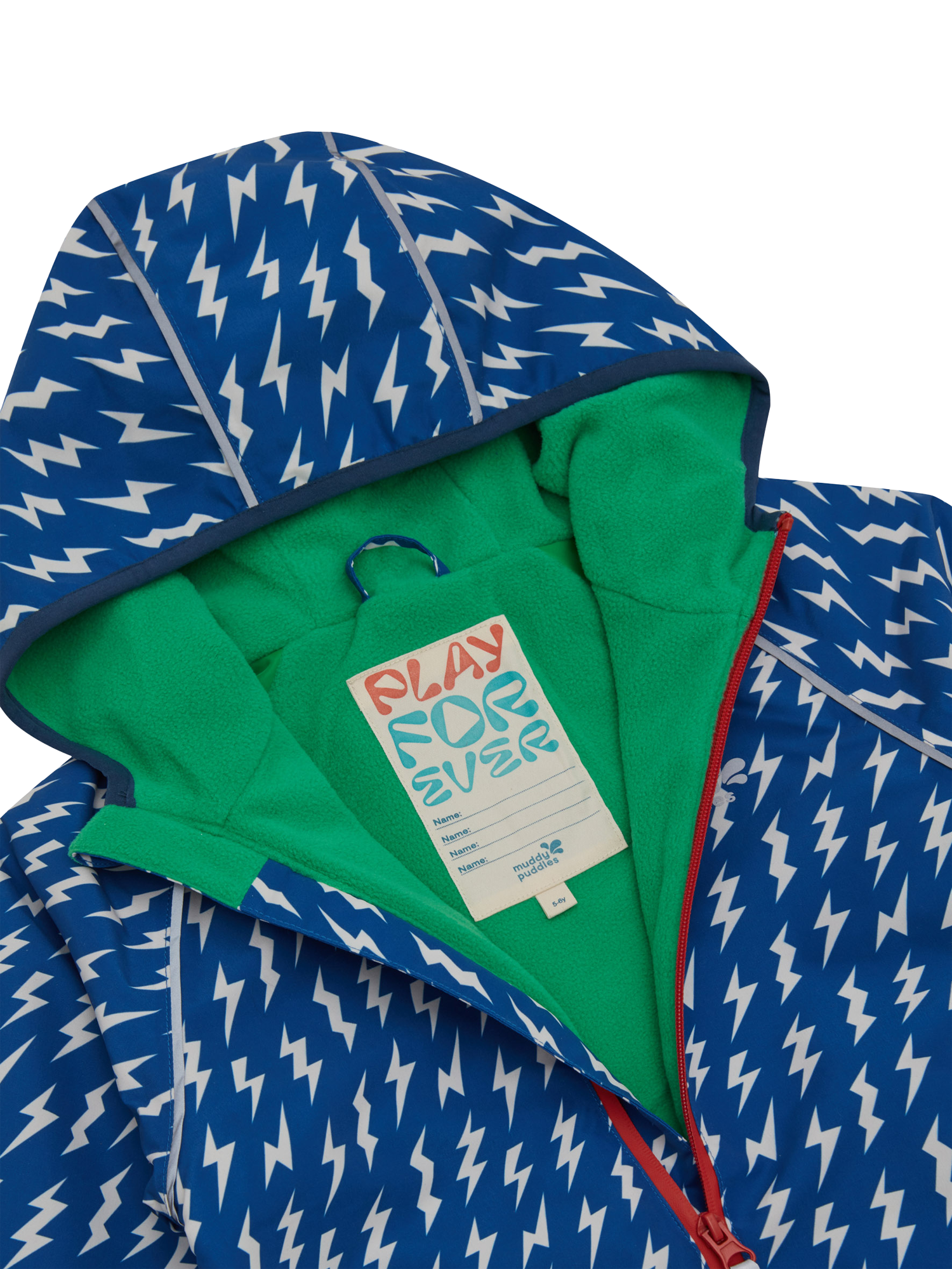 Product image 5 of 7, which shows Muddy Puddles Kids' Splash Hooded Rain Jacket, Blue Bolt, 18-24 months
