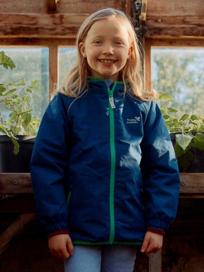 Product image 3 of 7, which shows Muddy Puddles Kids' Splash Hooded Rain Jacket, Navy, 18-24 months
