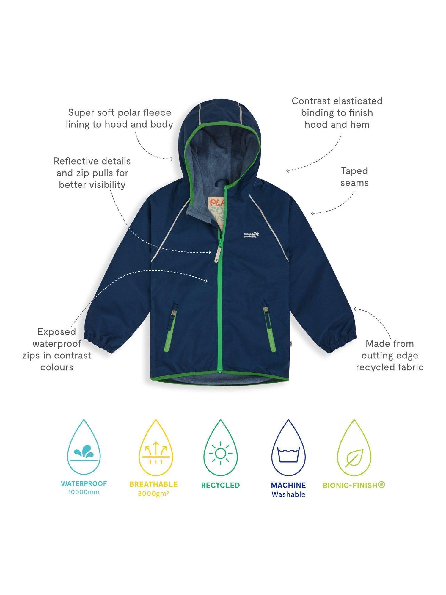 Product image 4 of 7, which shows Muddy Puddles Kids' Splash Hooded Rain Jacket, Navy, 18-24 months