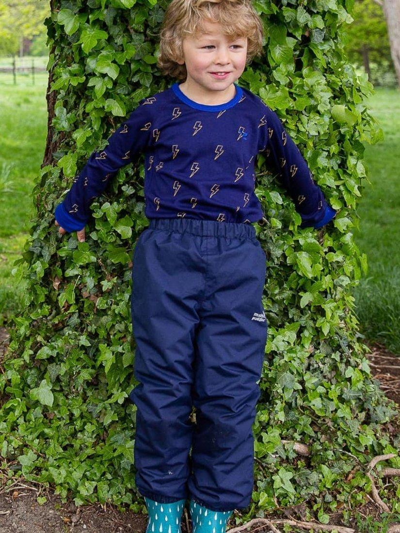 Product image 2 of 4, which shows Muddy Puddles Kids' EcoSplash Waterproof Trousers, Navy, 18-24 months