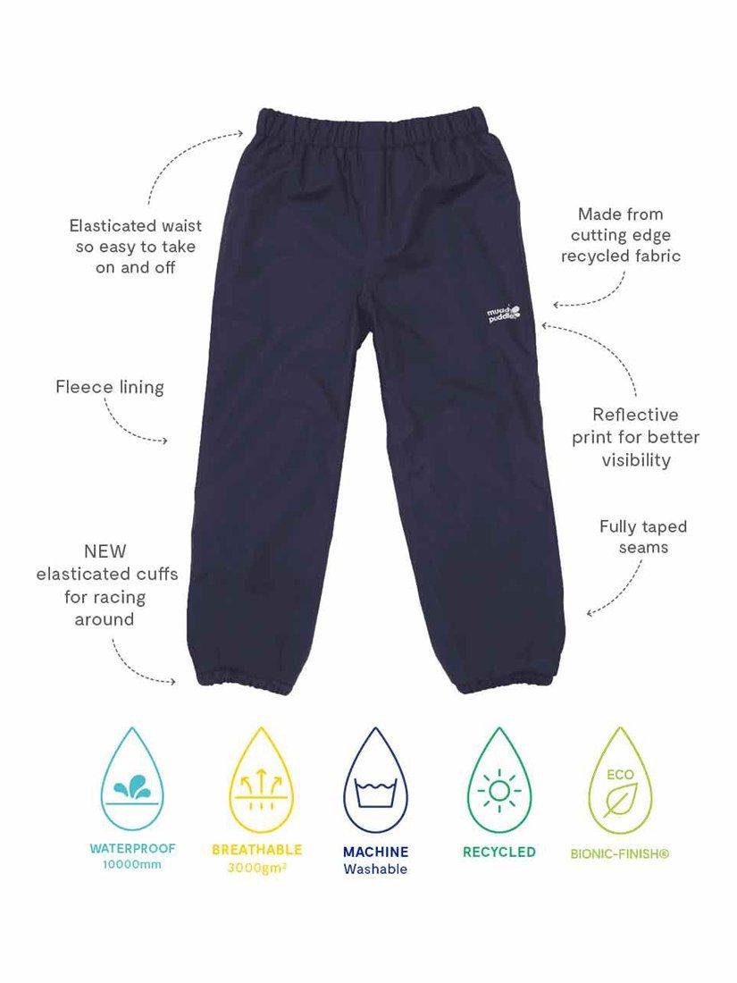 Product image 3 of 4, which shows Muddy Puddles Kids' EcoSplash Waterproof Trousers, Navy, 18-24 months