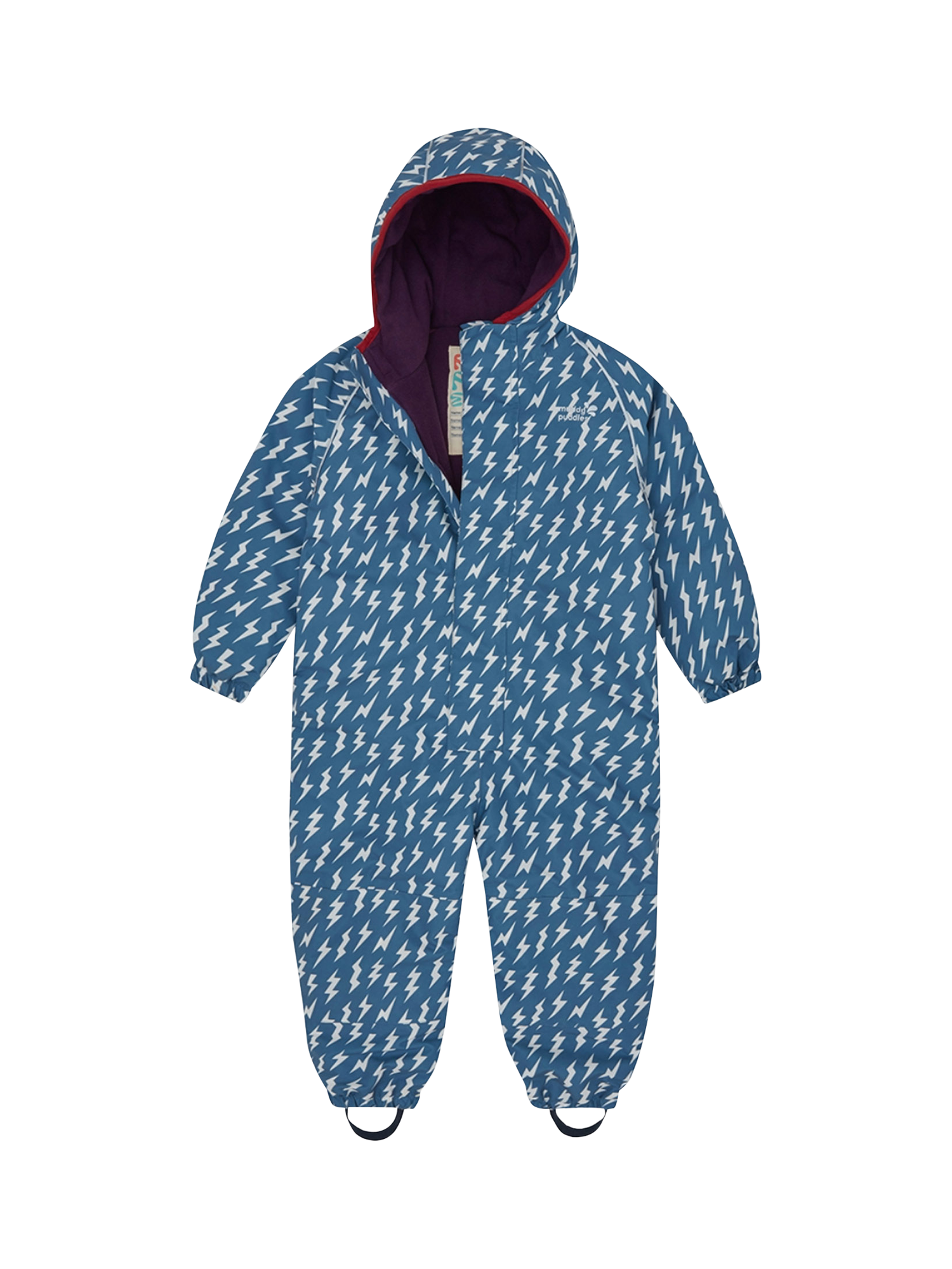 Product image 1 of 8, which shows Muddy Puddles Kids' All-In-One Hooded Suit, Blue Bolt, 0-6 months
