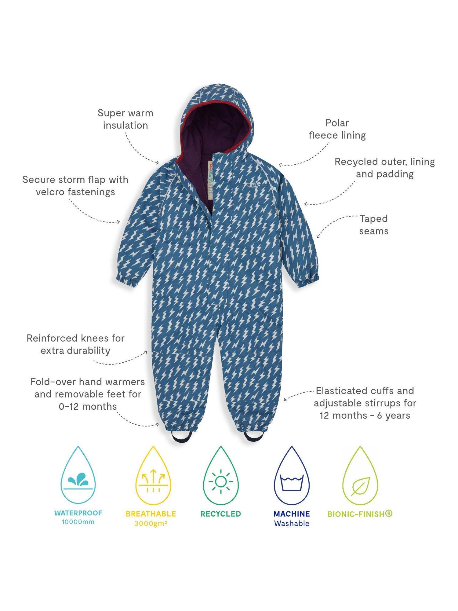 Product image 4 of 8, which shows Muddy Puddles Kids' All-In-One Hooded Suit, Blue Bolt, 0-6 months