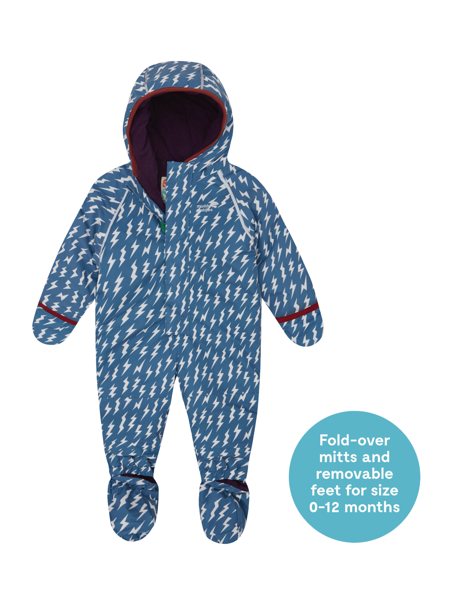 Product image 8 of 8, which shows Muddy Puddles Kids' All-In-One Hooded Suit, Blue Bolt, 0-6 months