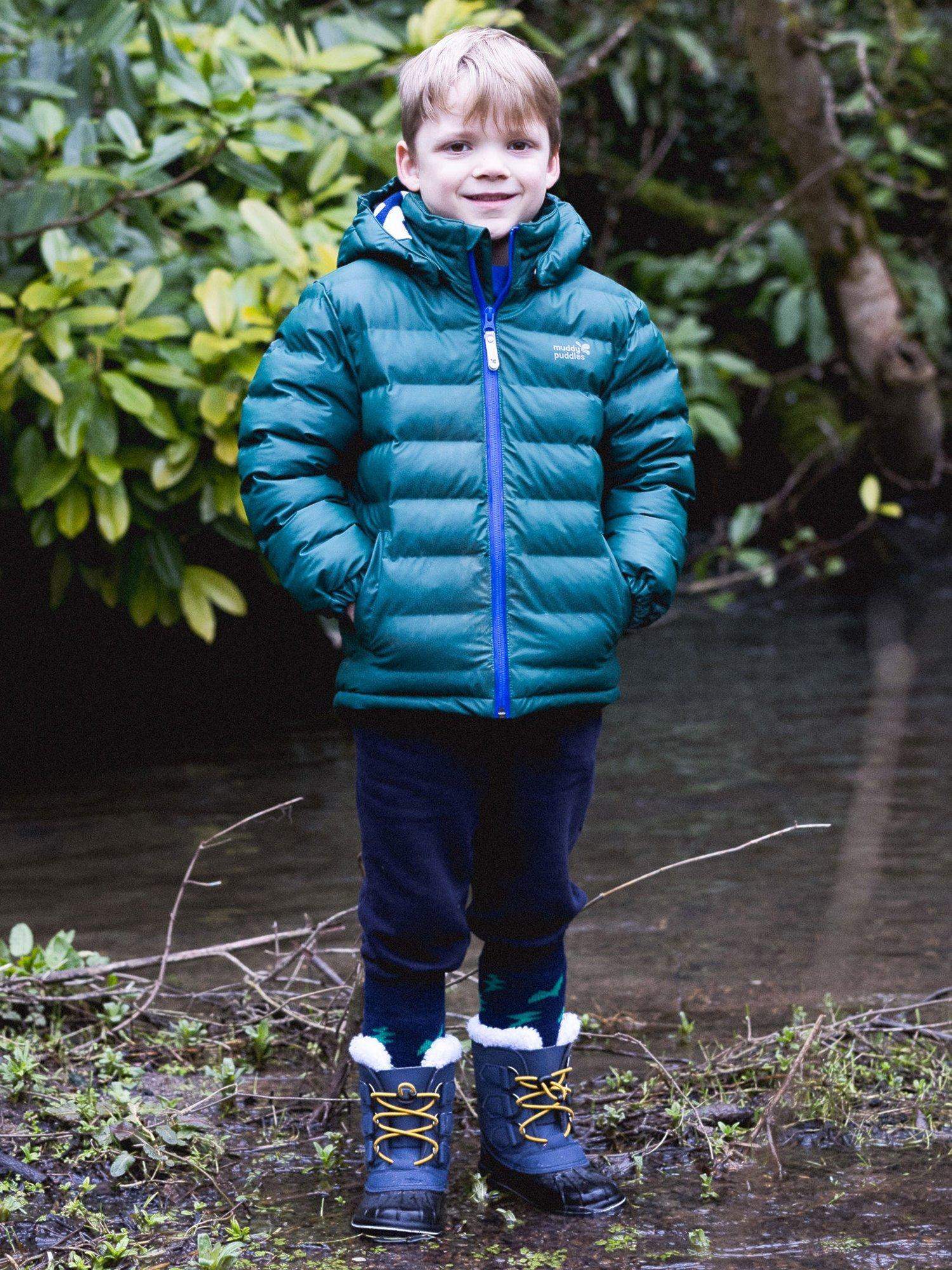 Product image 2 of 8, which shows Muddy Puddles Kids' Hooded Puffer Jacket, Green, 18-24 months