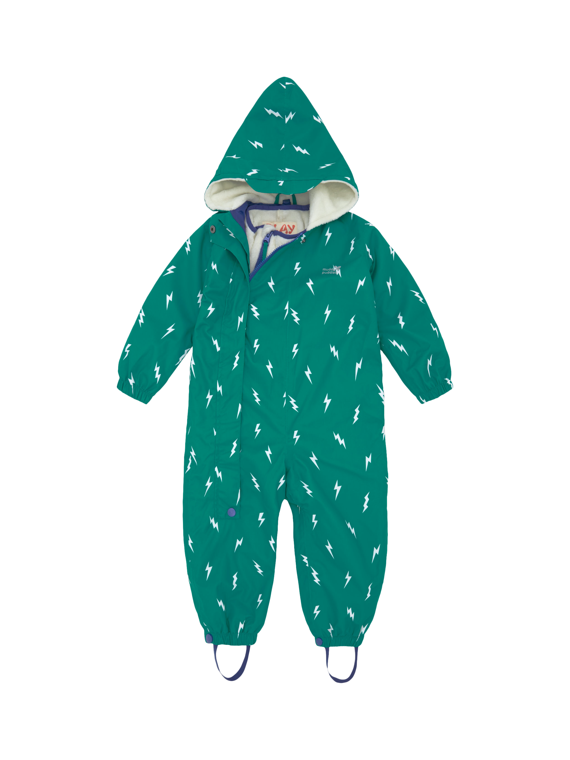 Product image 1 of 10, which shows Muddy Puddles Baby Hooded Scampsuit, Green Bolt, 0-6 months