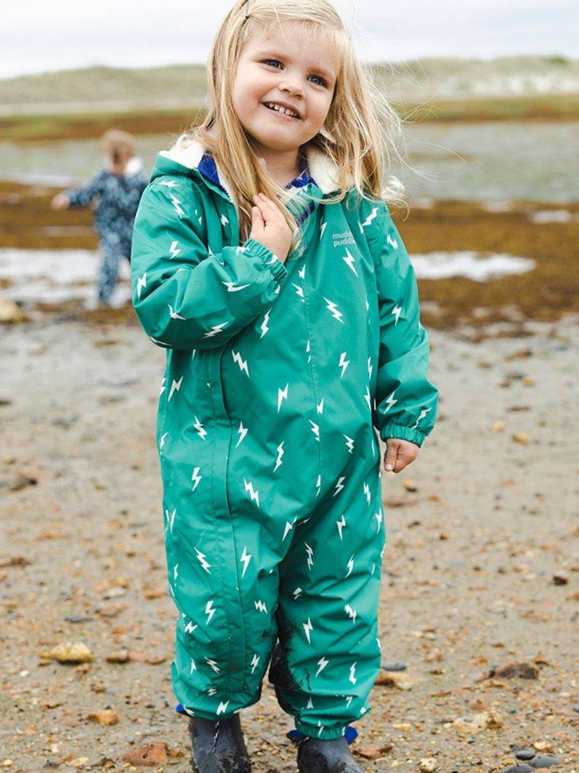 Product image 2 of 10, which shows Muddy Puddles Baby Hooded Scampsuit, Green Bolt, 0-6 months
