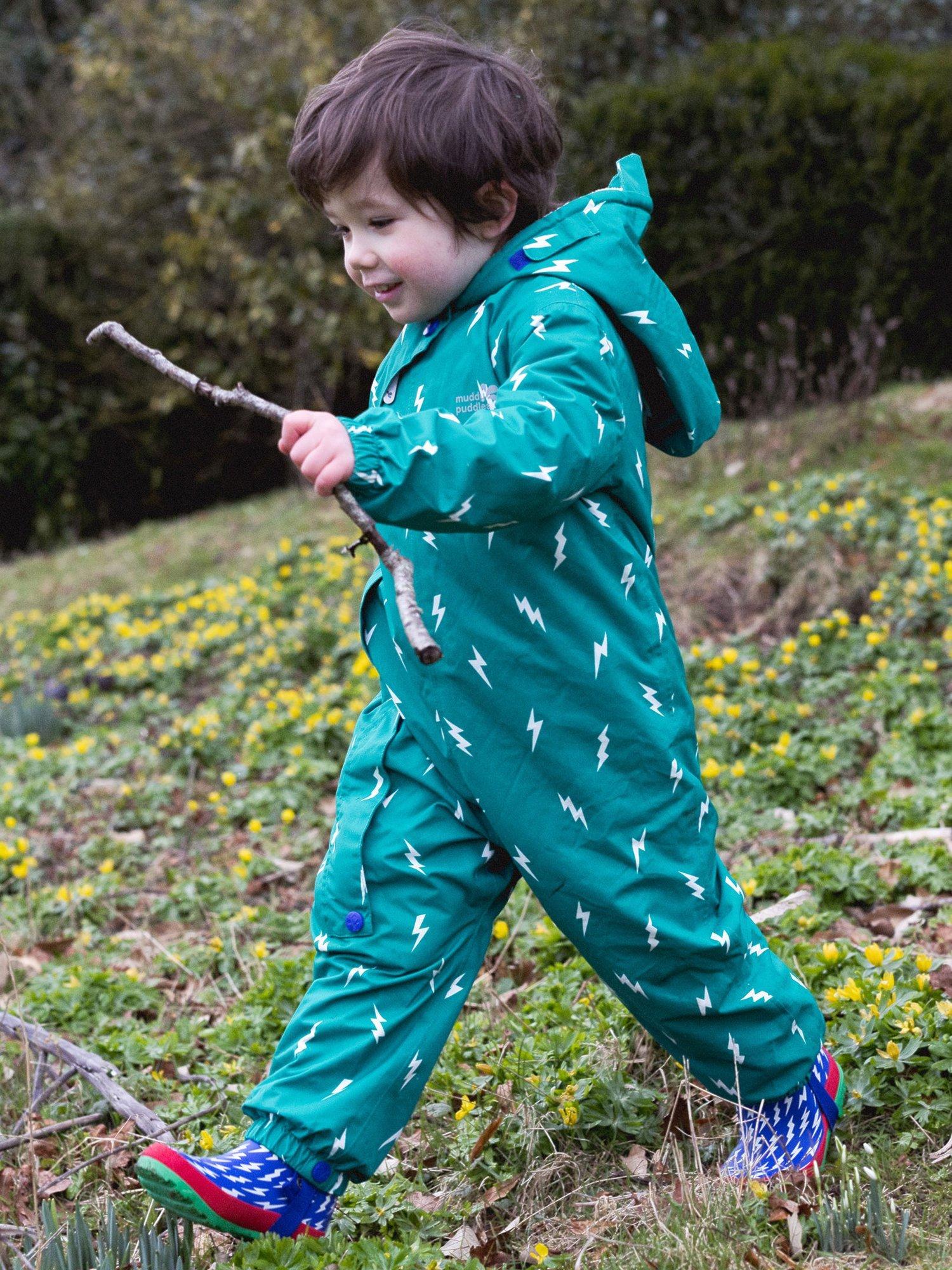 Product image 3 of 10, which shows Muddy Puddles Baby Hooded Scampsuit, Green Bolt, 0-6 months