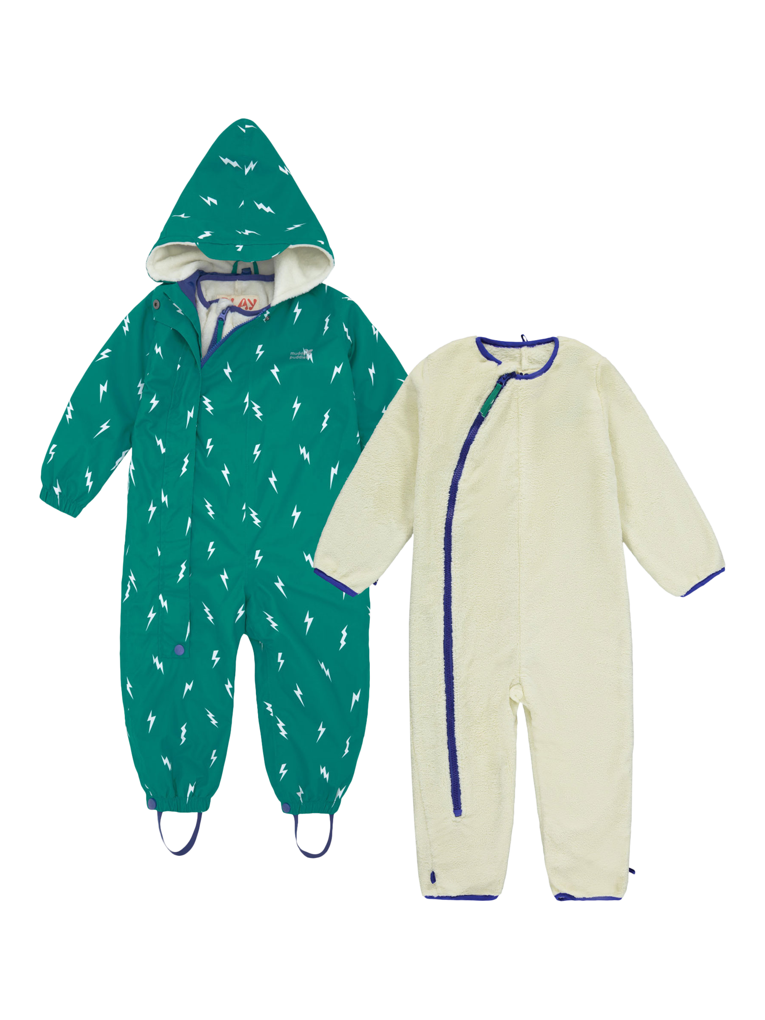 Product image 4 of 10, which shows Muddy Puddles Baby Hooded Scampsuit, Green Bolt, 0-6 months