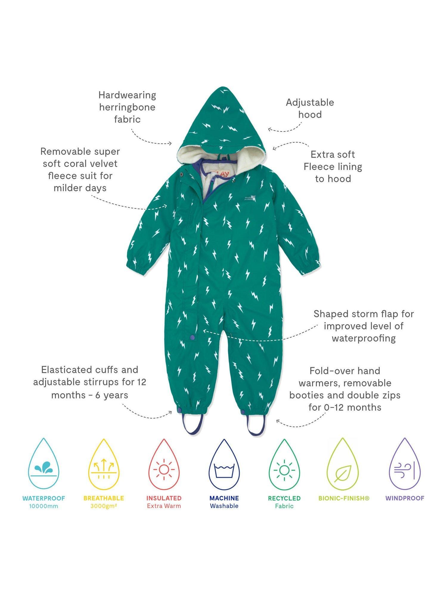 Product image 5 of 10, which shows Muddy Puddles Baby Hooded Scampsuit, Green Bolt, 0-6 months